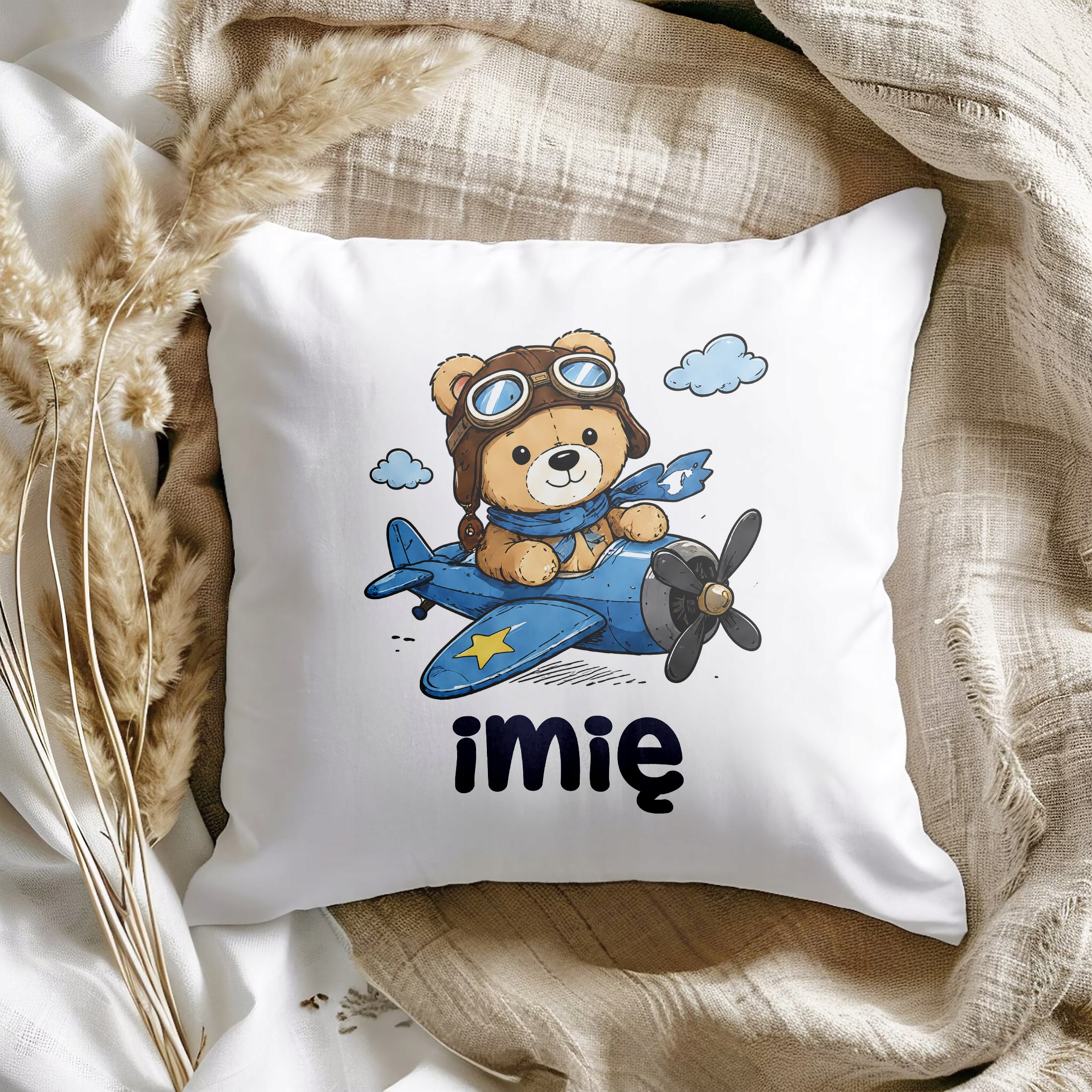 Zestaw Personalizowany Kubek Różowy Poduszka Miś w samolocie Prezent