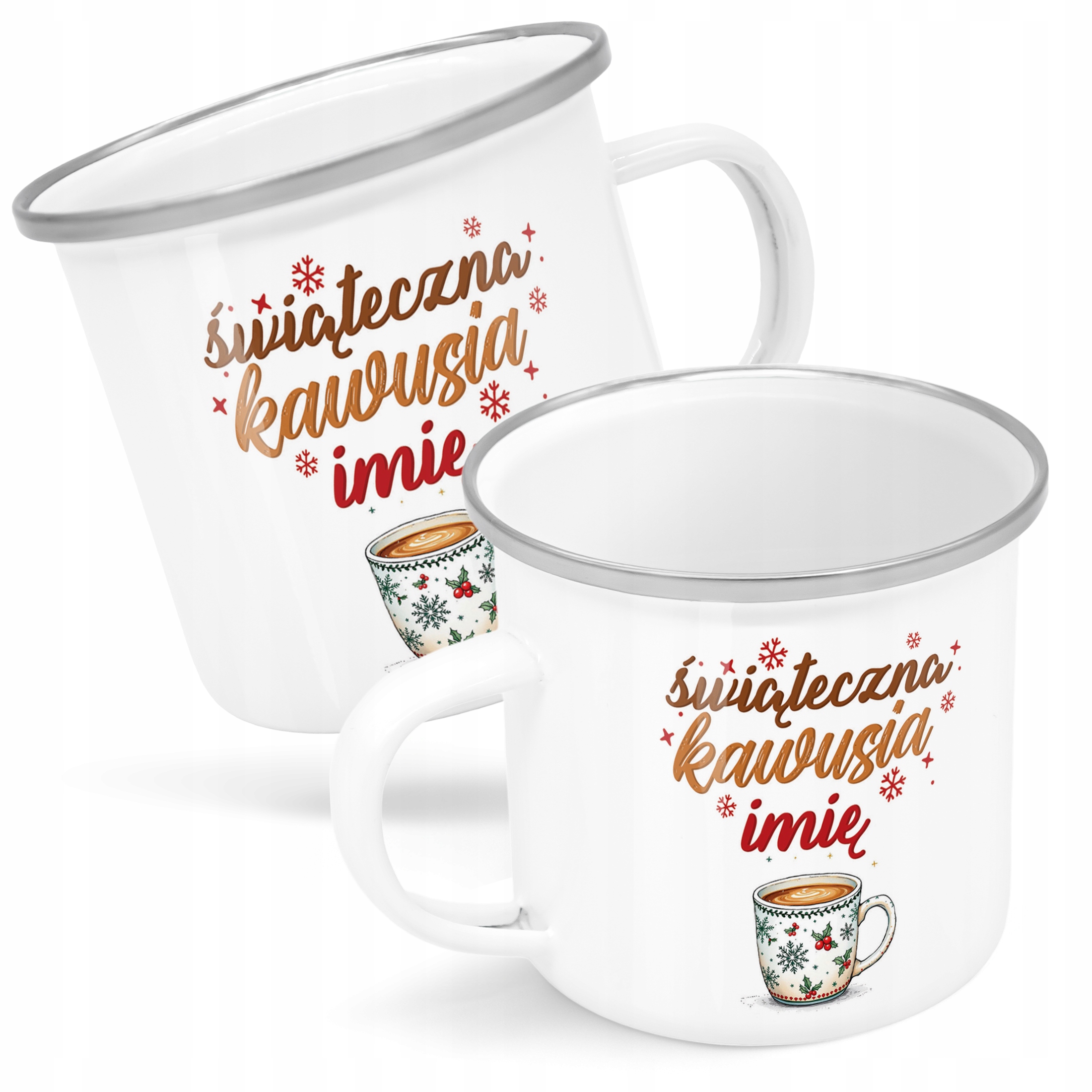 Emaliowany Kubek Garnuszek Personalizowany Świąteczna Kawusia Prezent