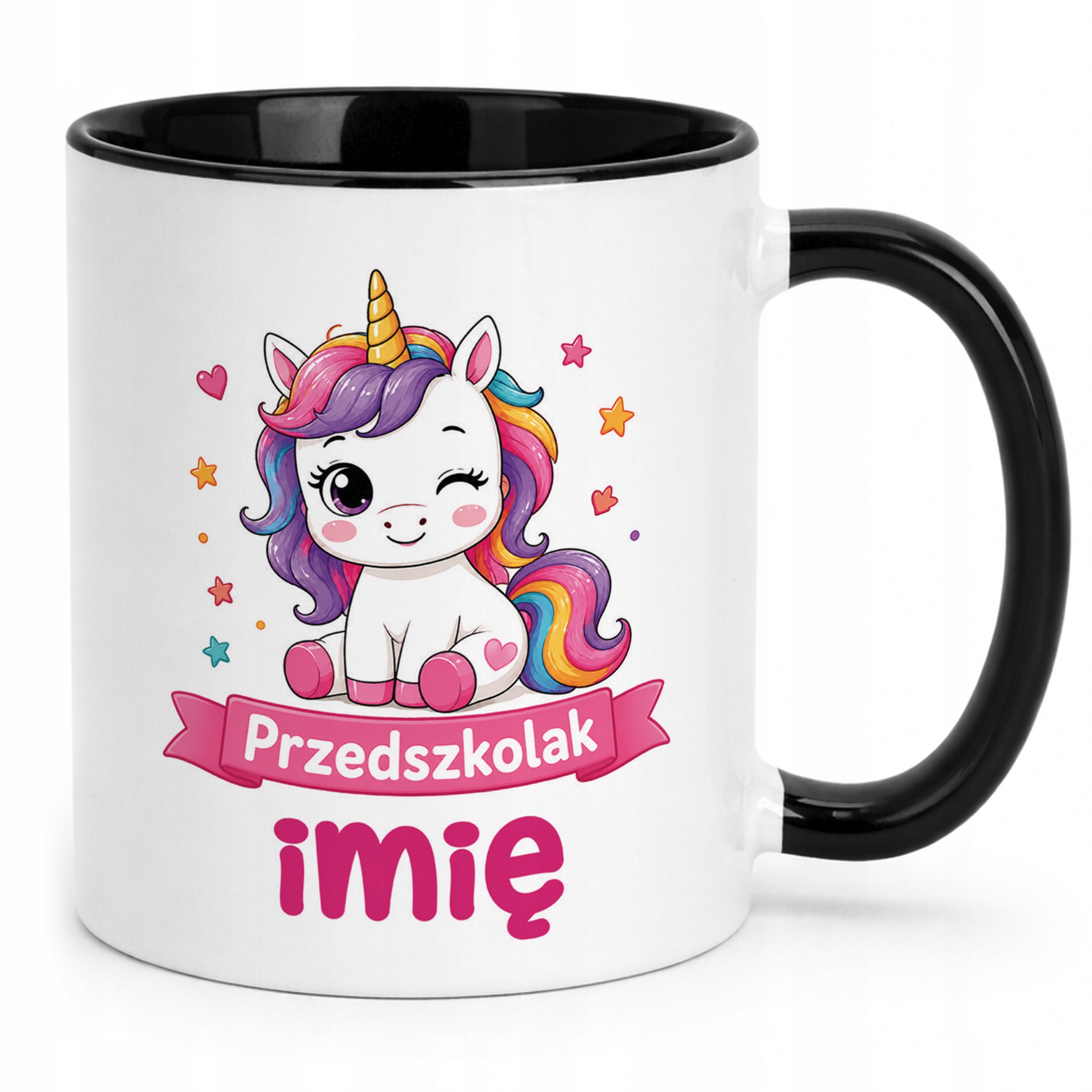 Zestaw Personalizowany Plecak Worek Kubek Czarny Przedszkolak Jednorożec