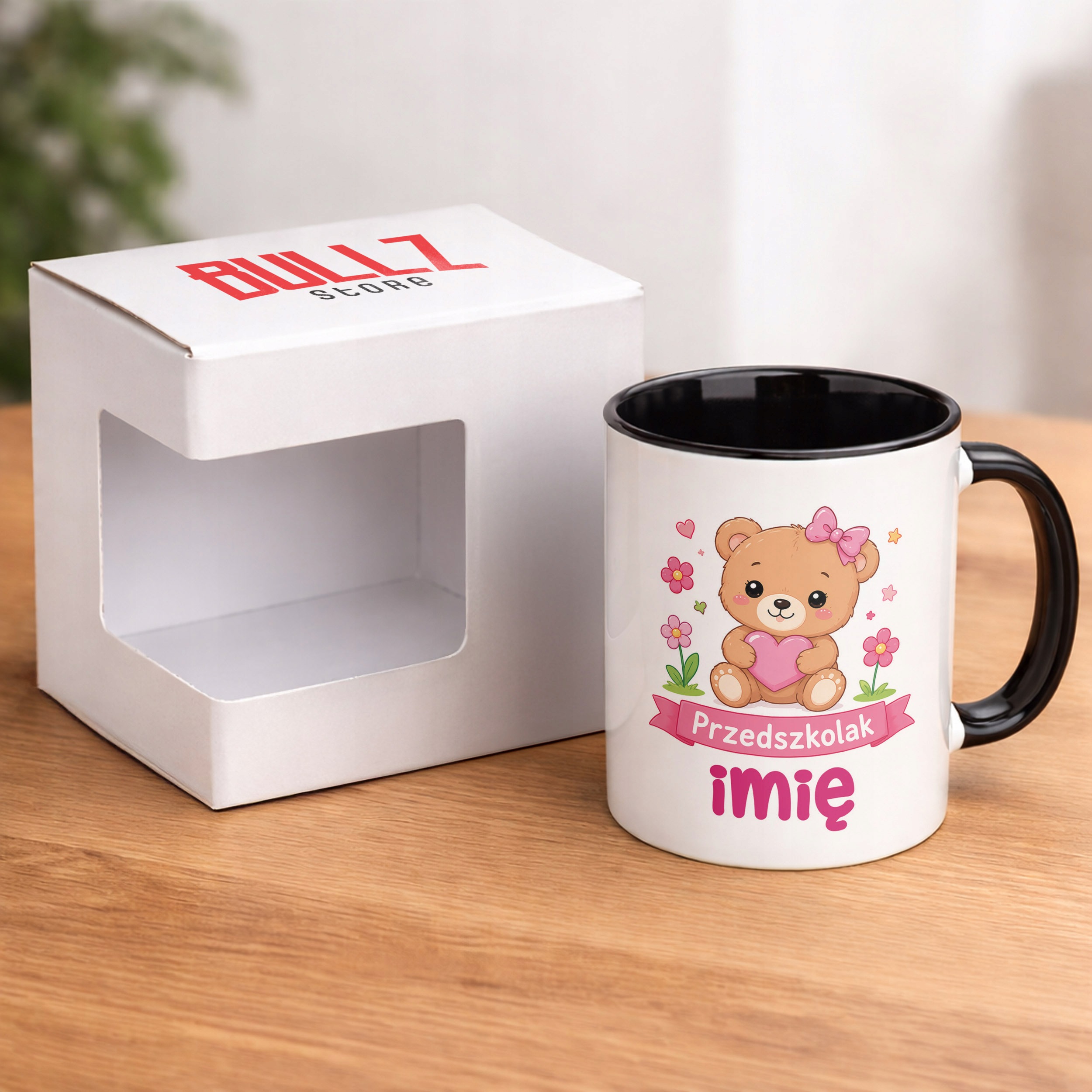 Zestaw Personalizowany Kubek Czarny Poduszka Przedszkolak Miś