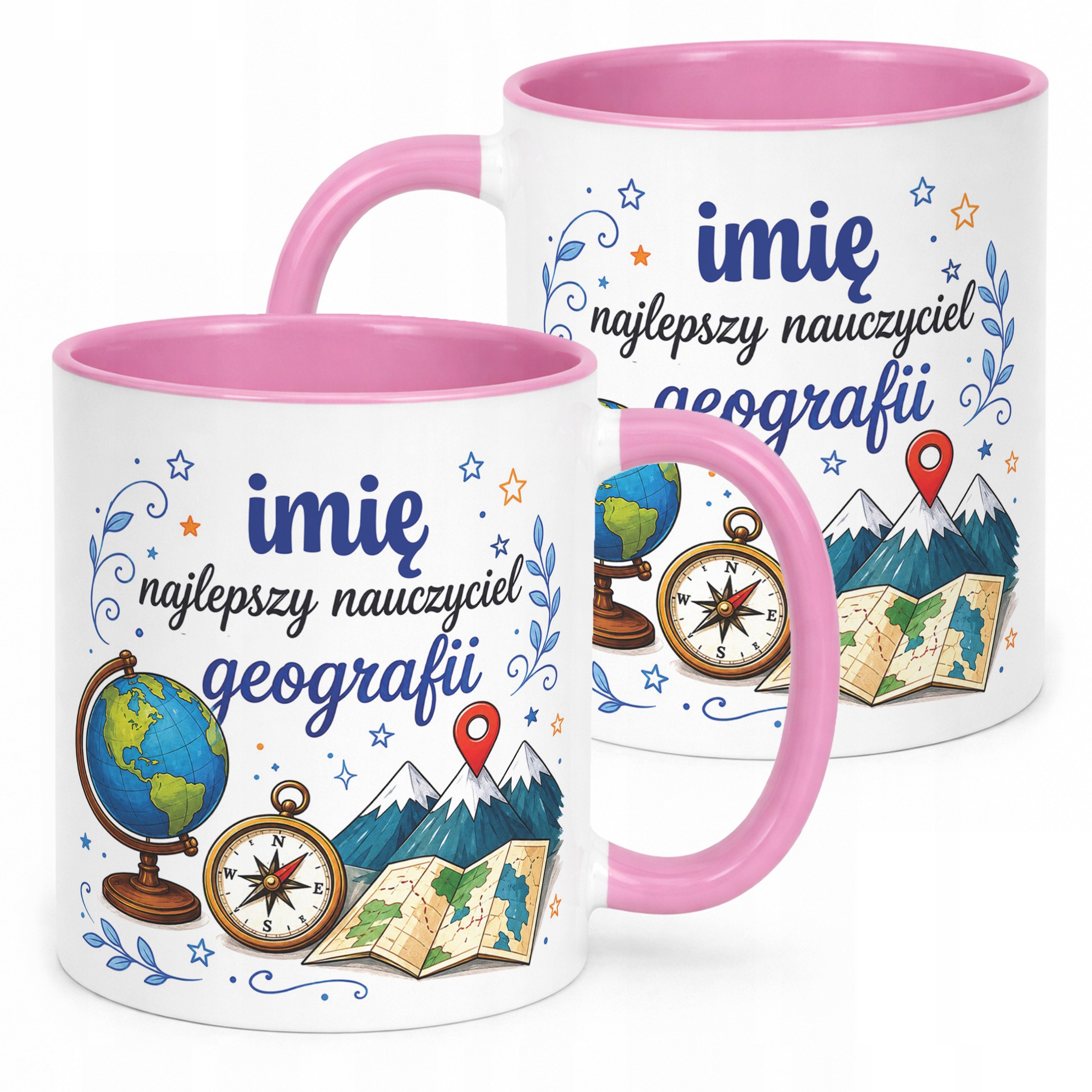 Kubek Różowy z Imieniem Dzień Nauczyciela Geografia Prezent