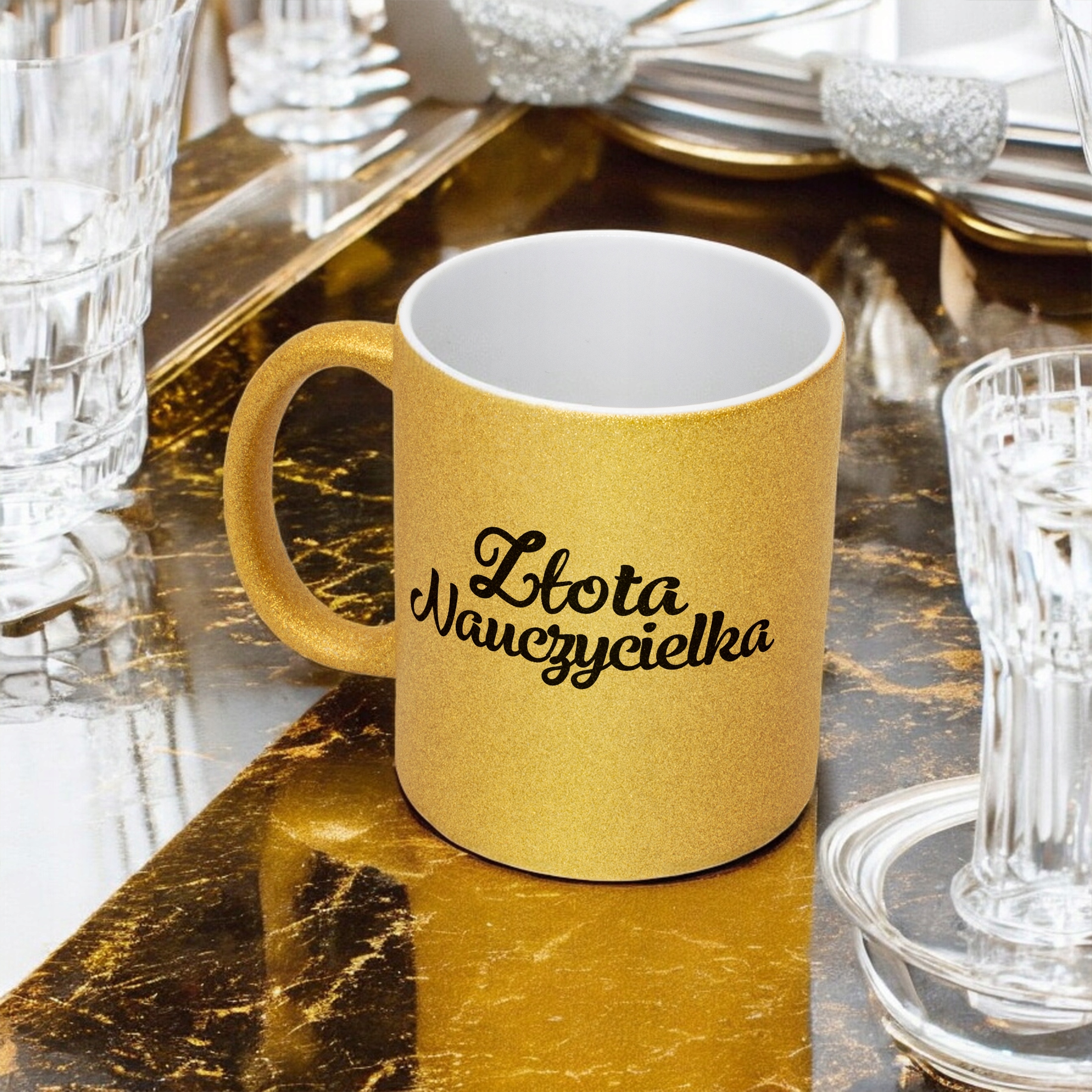 Złoty kubek brokatowy Złota Nauczycielka Dzień Nauczyciela Prezent