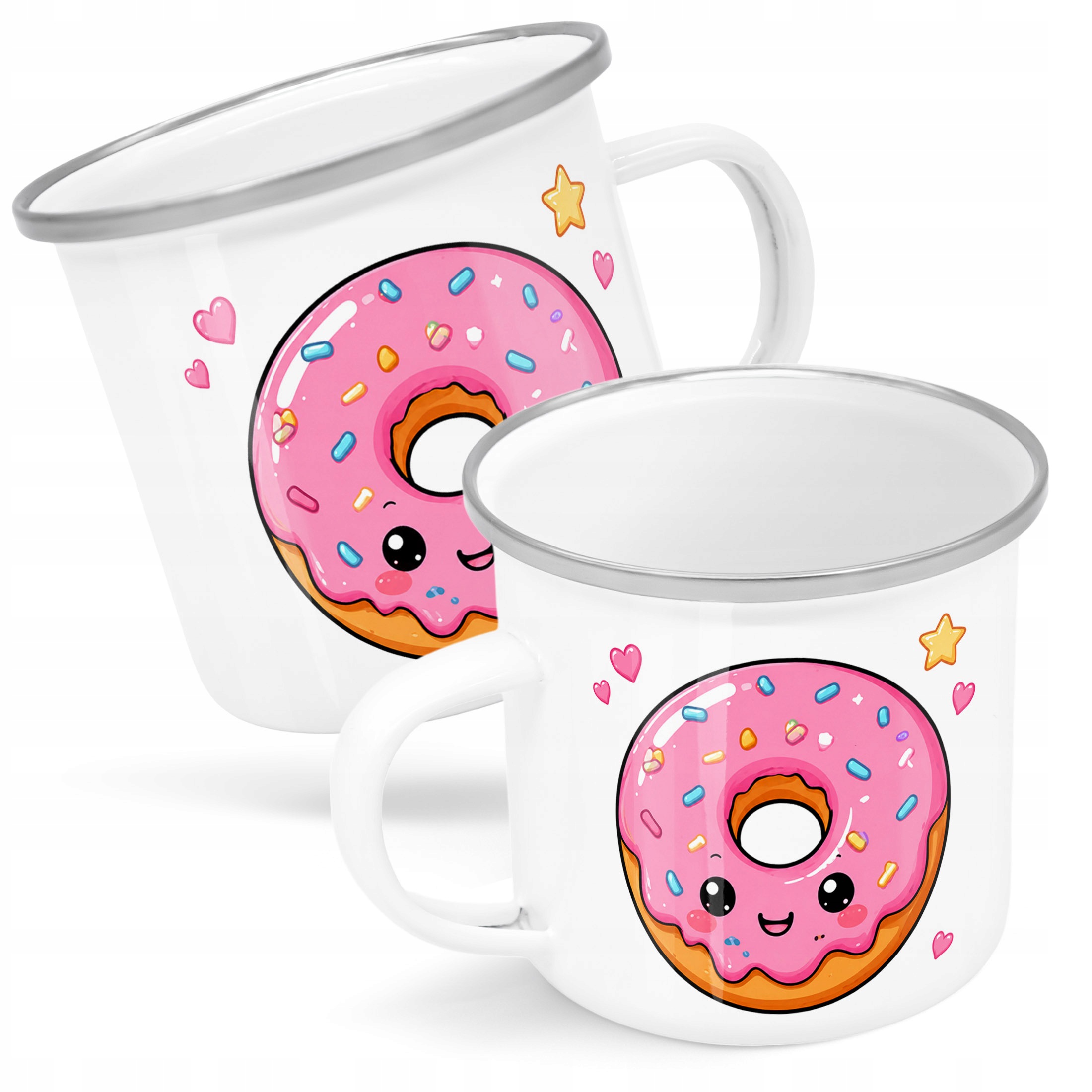 Kubek Emaliowany Kawaii Pączek z Nadrukiem Biały Metalowy Prezent