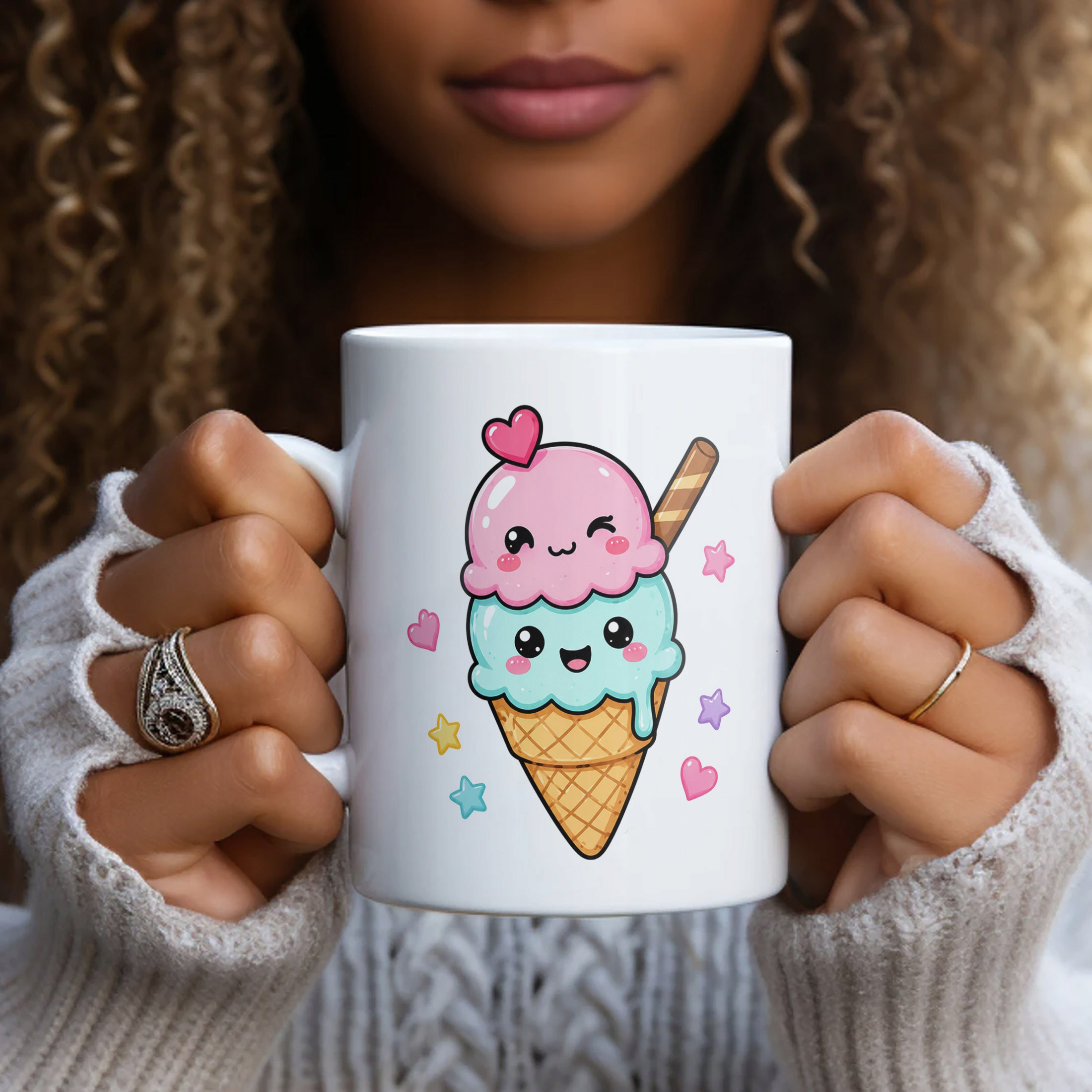Biały Kubek z nadrukiem Kawaii Lody Dla Dzieci Prezent Upominek