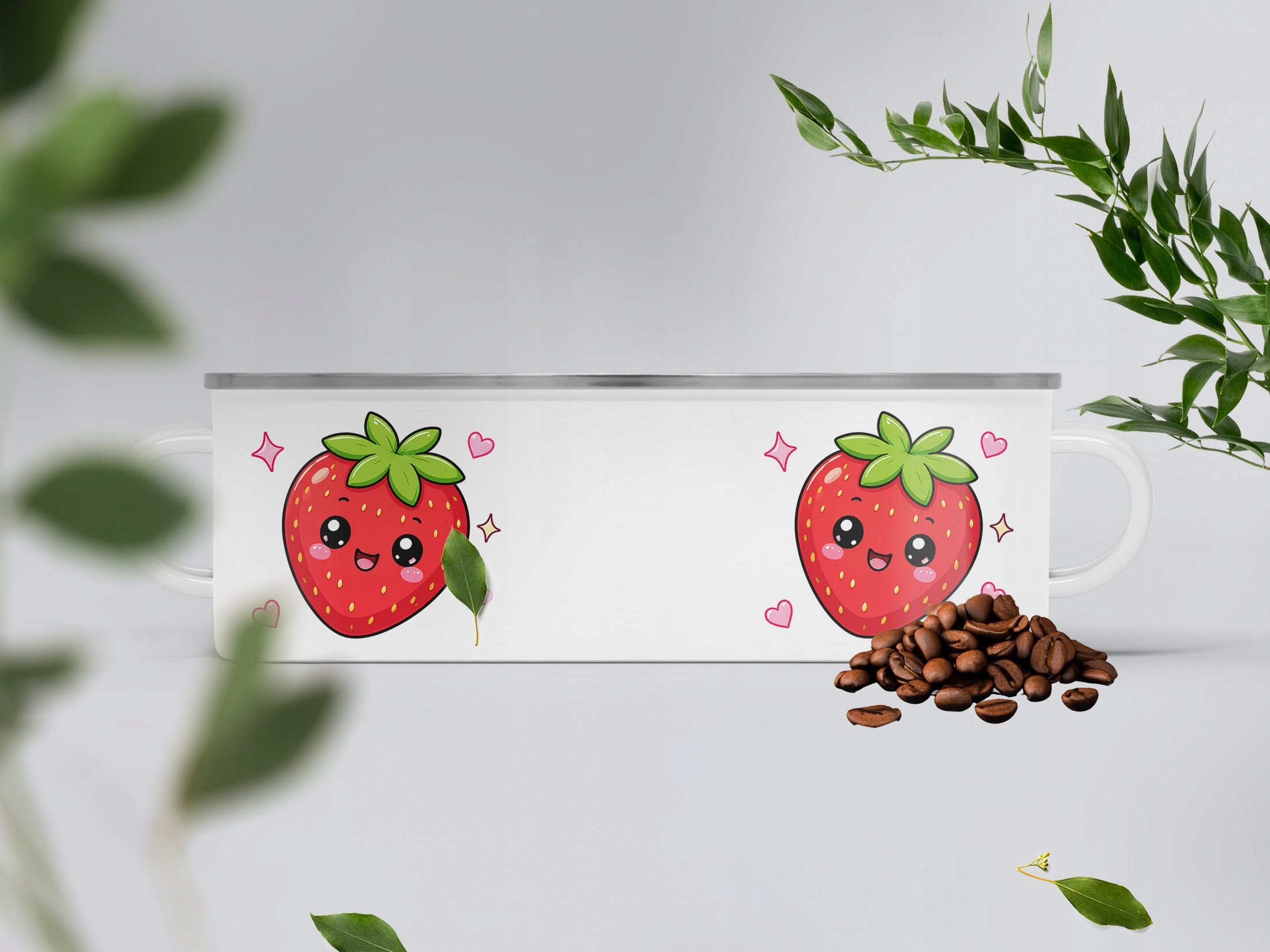 Kubek Emaliowany Kawaii Truskawka z Nadrukiem Biały Metalowy Prezent