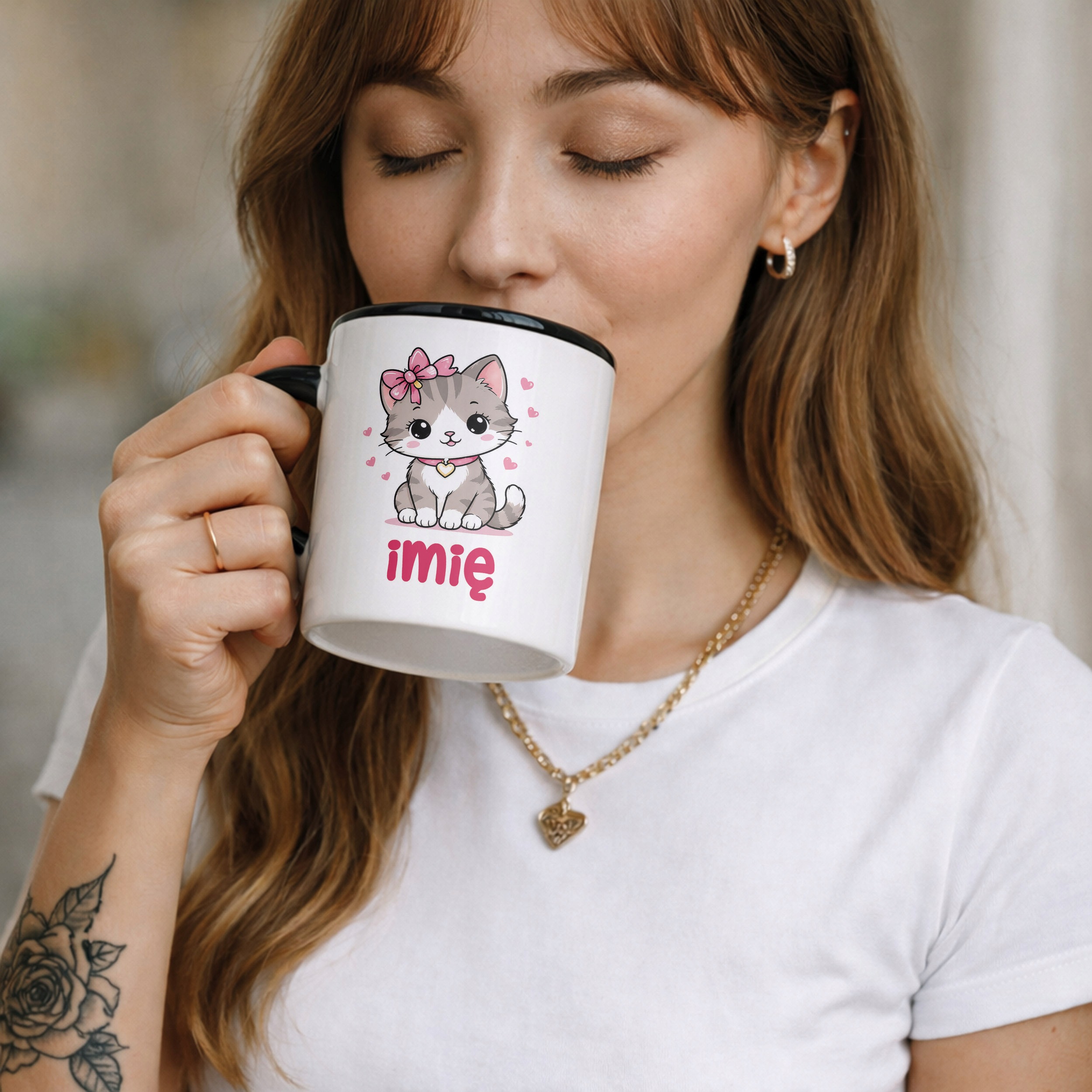 Zestaw Personalizowany Kubek Czarny Poduszka Kotek Prezent