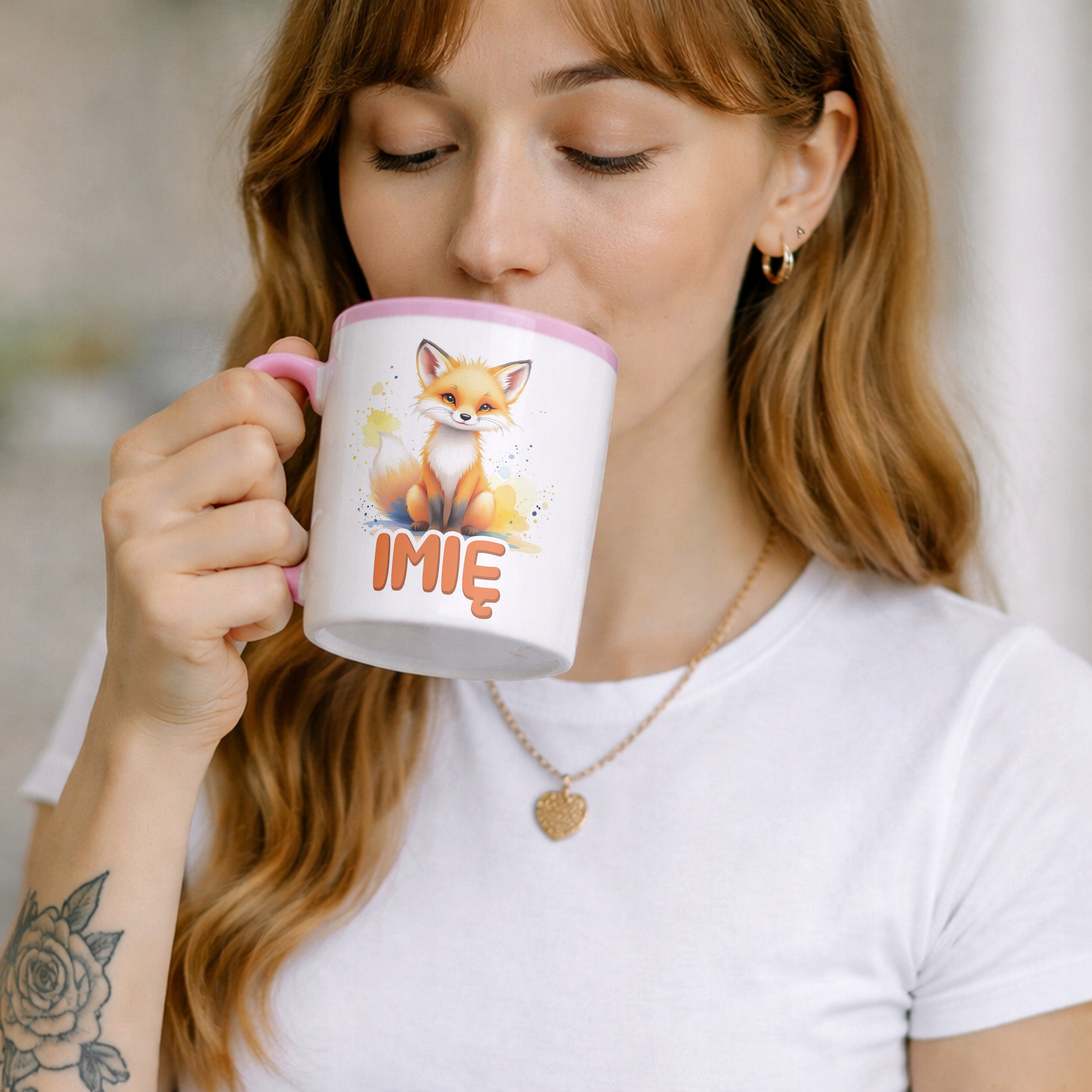 Kubek Różowy Personalizowany Lis Zwierzak Słodki Dla Dzieci