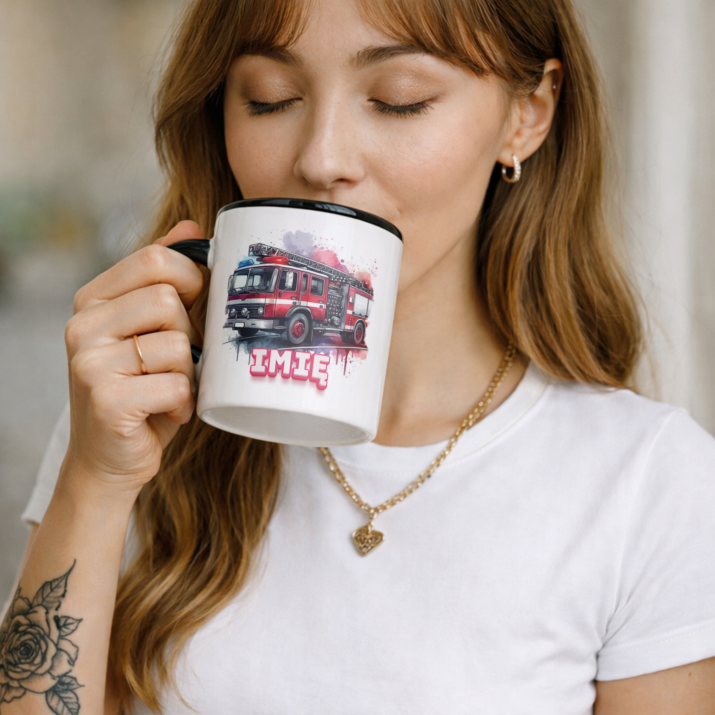 Kubek Czarny Personalizowany Dla Strażaka Wóz Strażacki Prezent