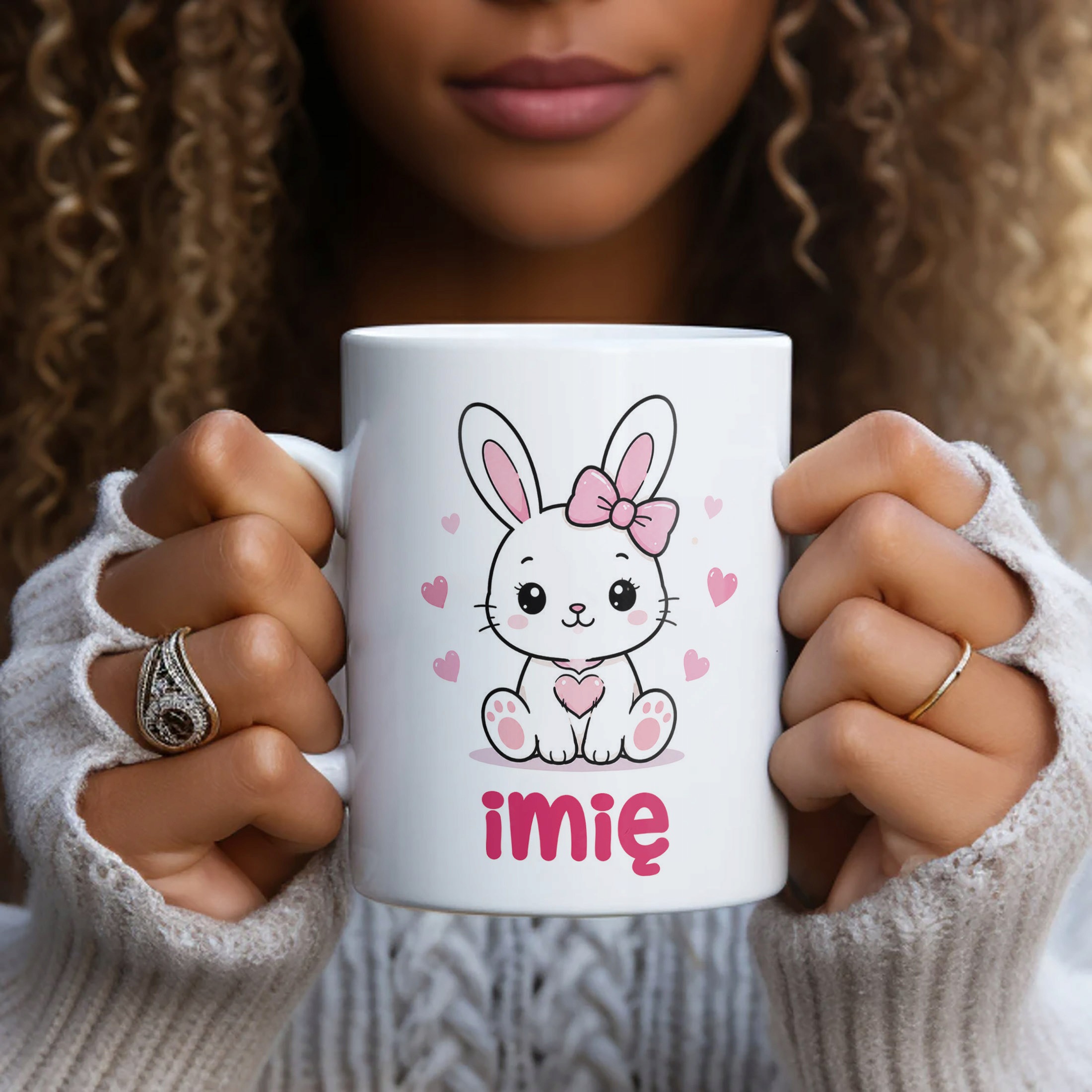 Biały Kubek z nadrukiem personalizowany Uroczy Króliczek Dla Dzieci