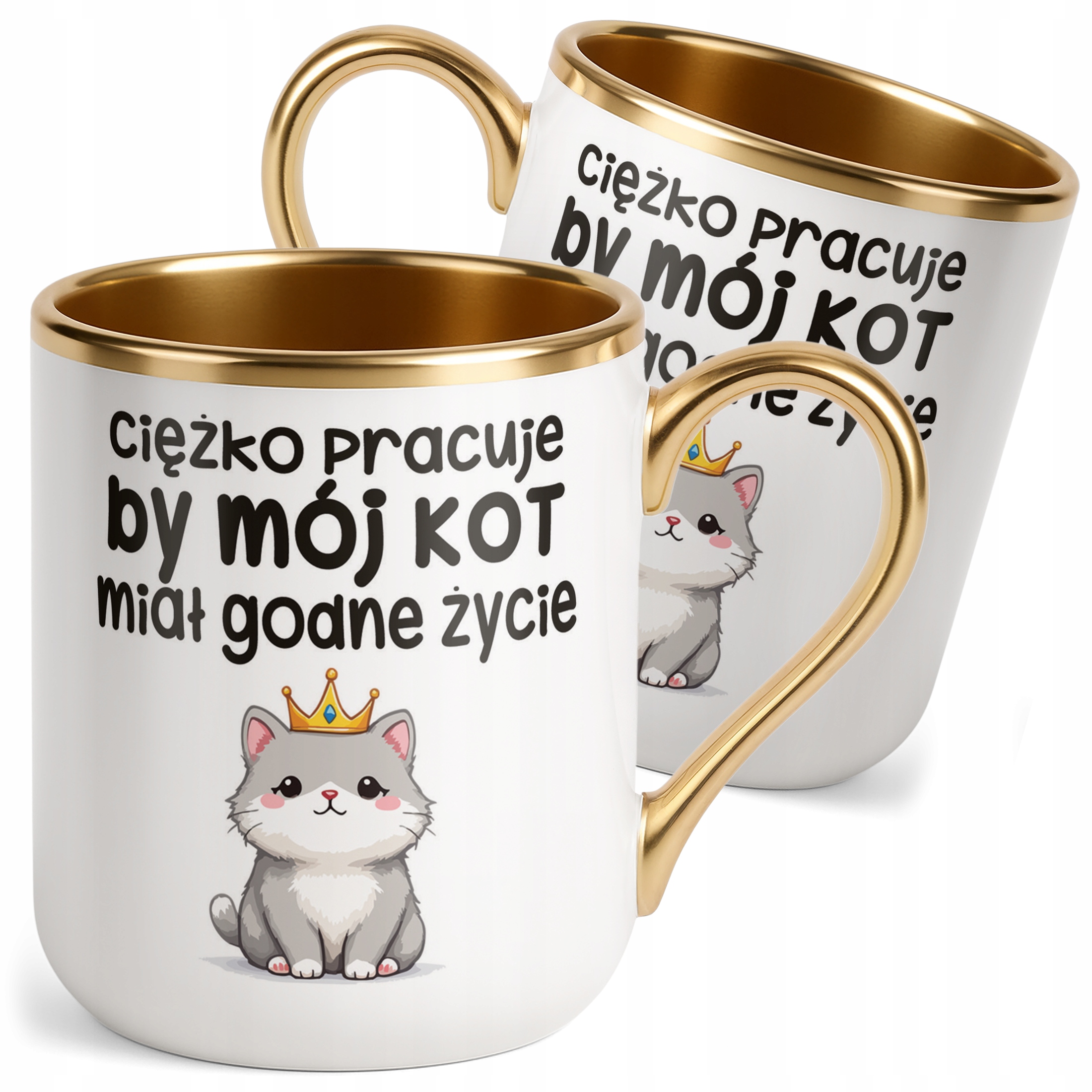 Kubek Premium Złoty Ciężko Pracuję By Mój Kot Śmieszny Zabawny Prezent