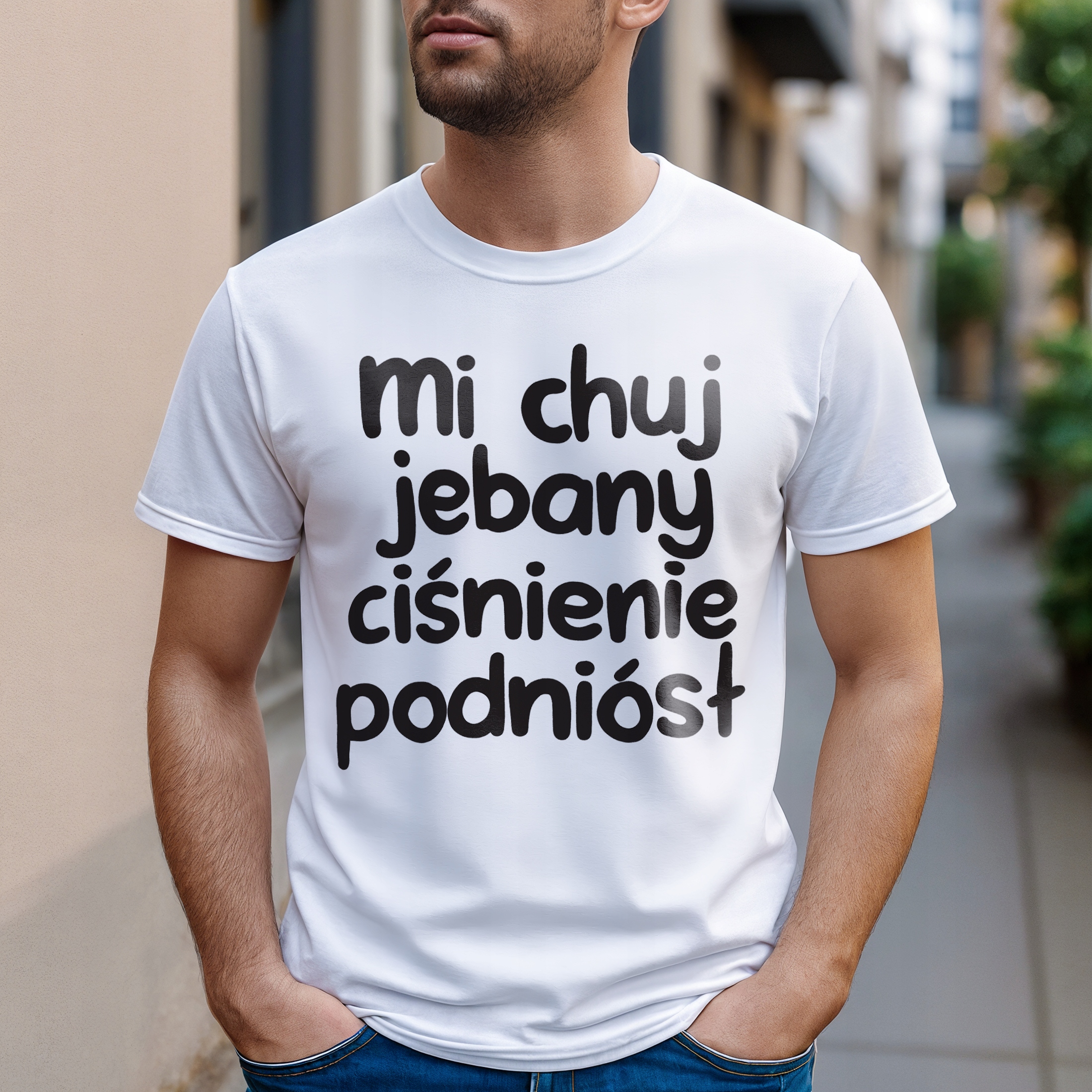 Koszulka biała męska Mi Ch*j Jeb**y Ciśnienie Podniósł Prezent