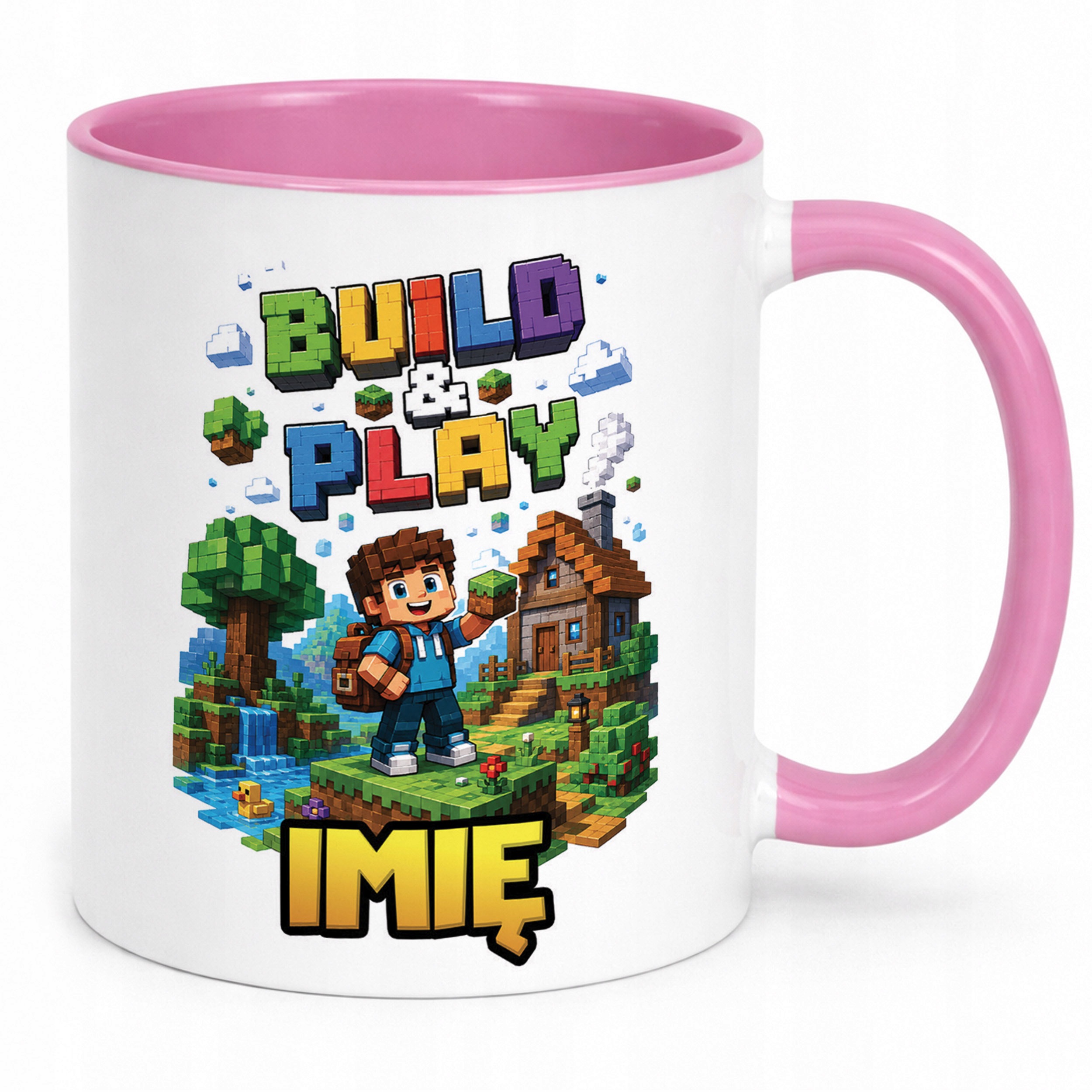 Zestaw Personalizowany Kubek Różowy Poduszka gra Build&Play Prezent