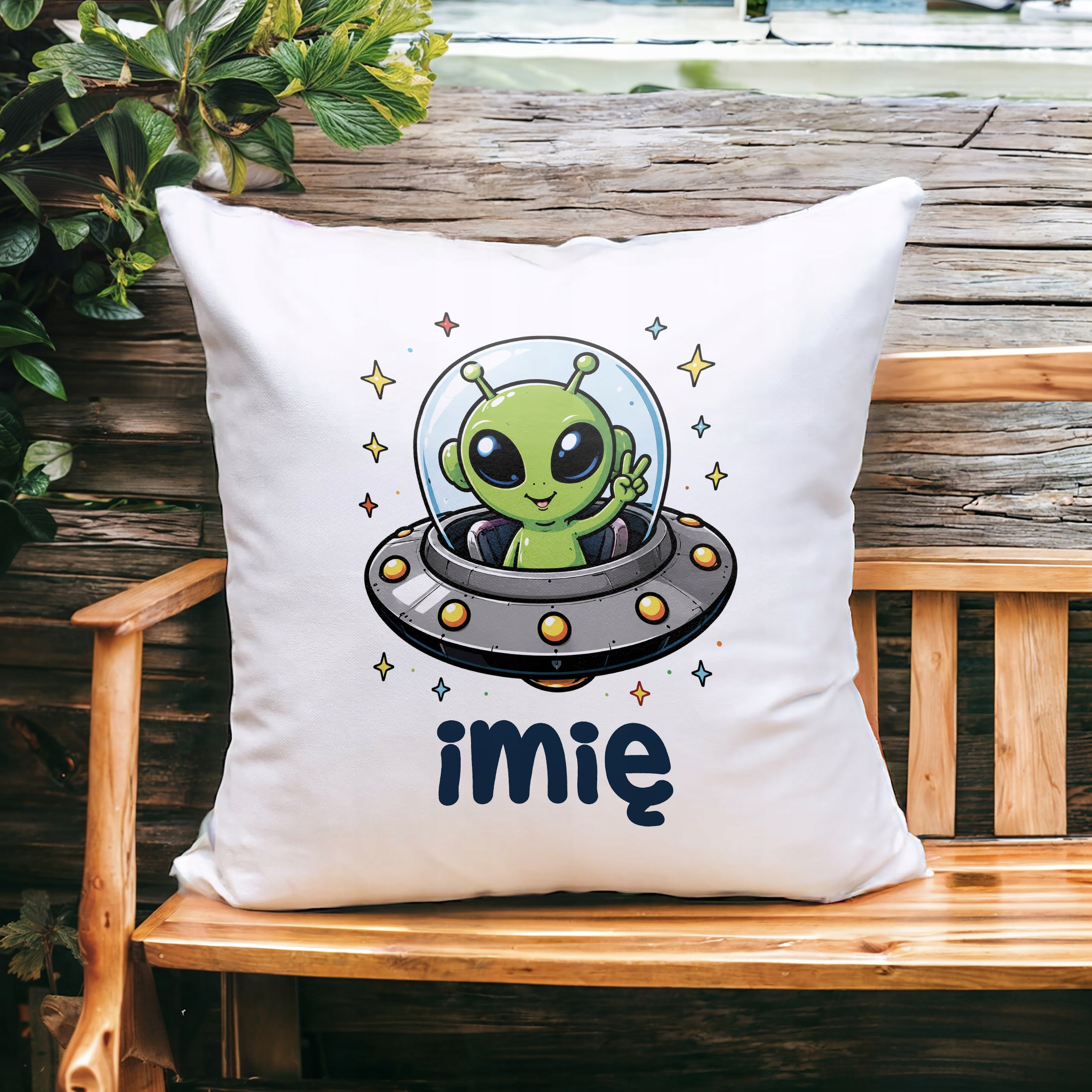 Poduszka Jasiek Personalizowana z nadrukiem 38x38cm Kosmita Ufo Prezent