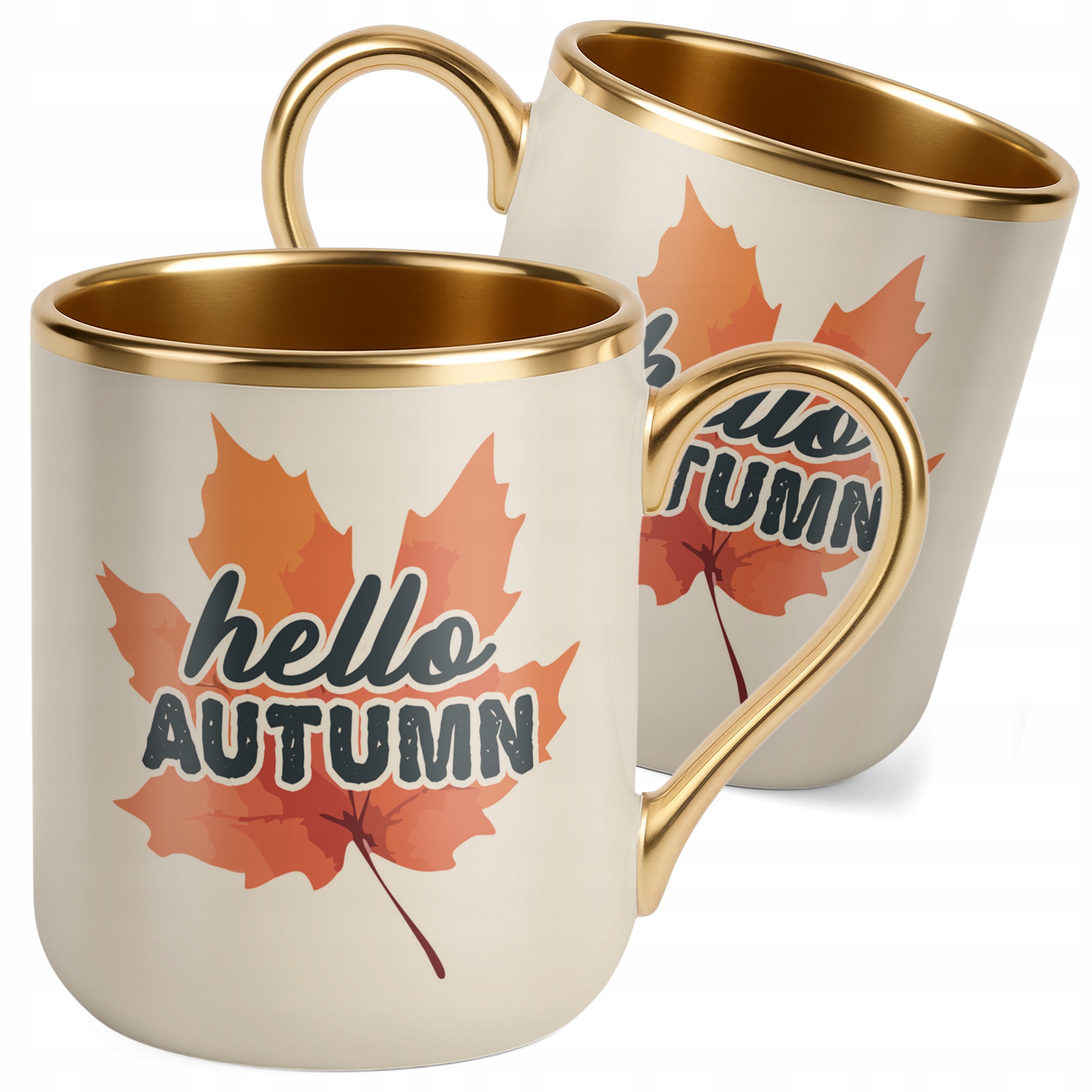 Kubek Premium Złoty Ecru Jesienny Jesień Hello Autumn Liść Prezent