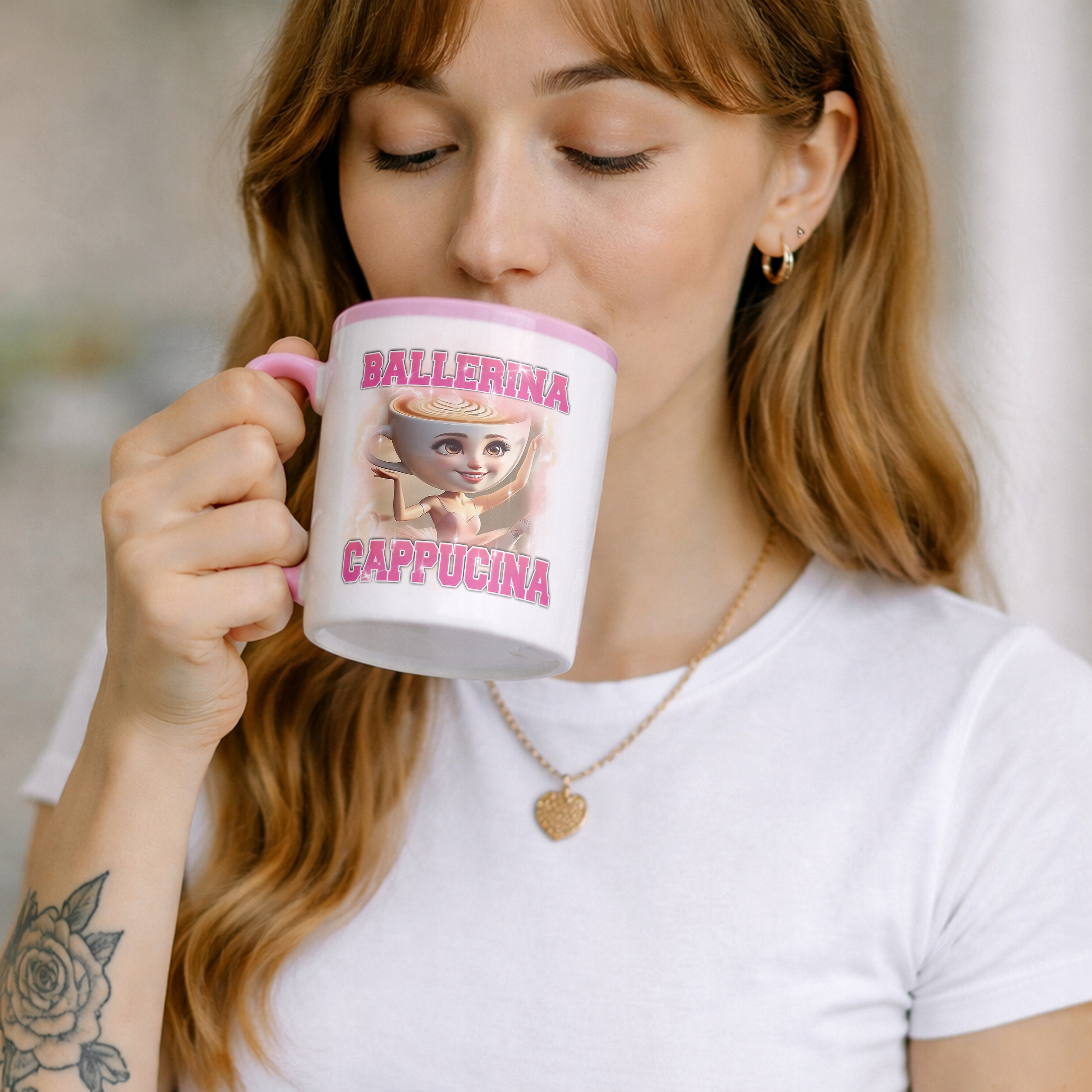 Kubek Różowy BRAINROT Ballerina Cappucina Memy Zabawny TikTok Viral
