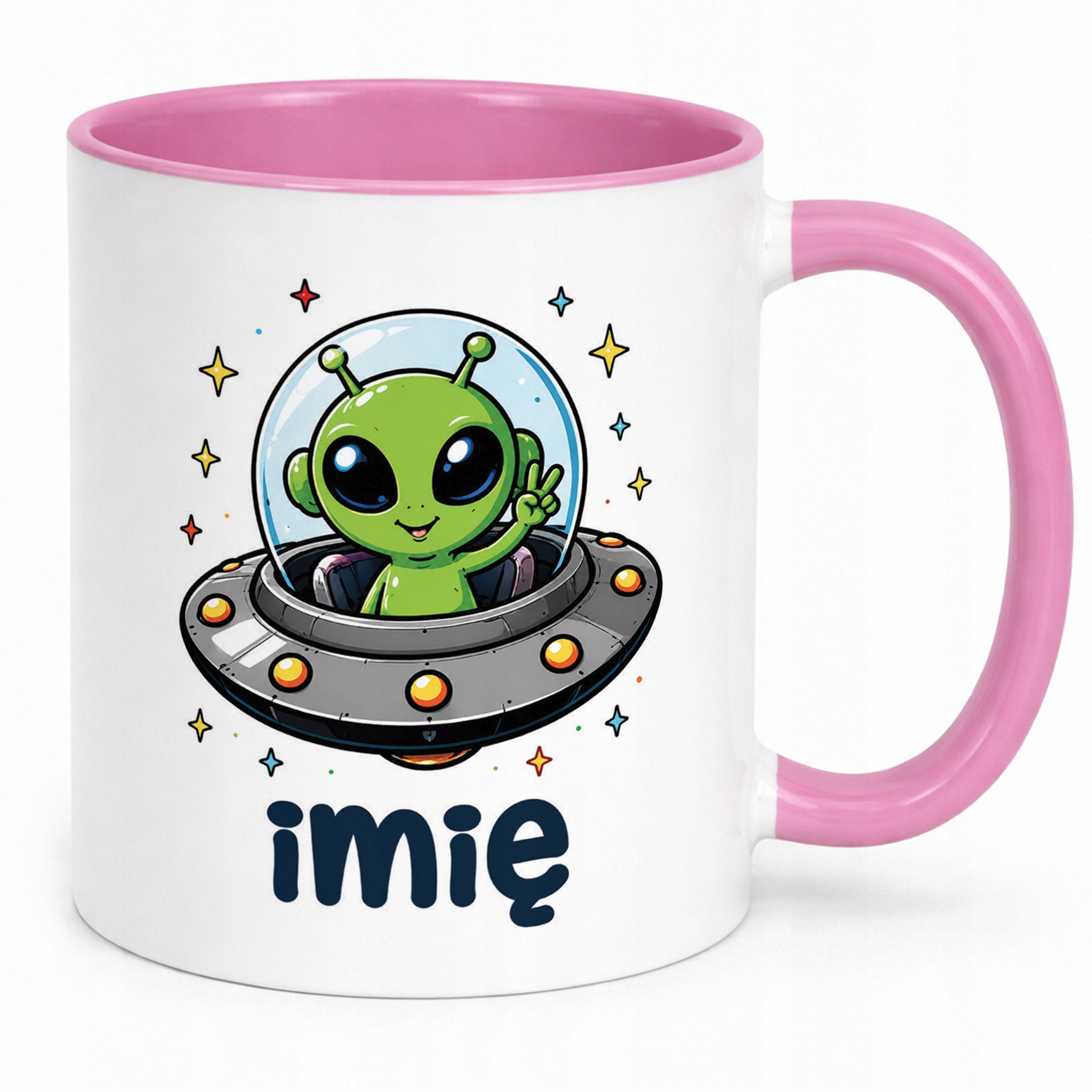 Zestaw Personalizowany Kubek Różowy Poduszka Kosmita UFO Prezent