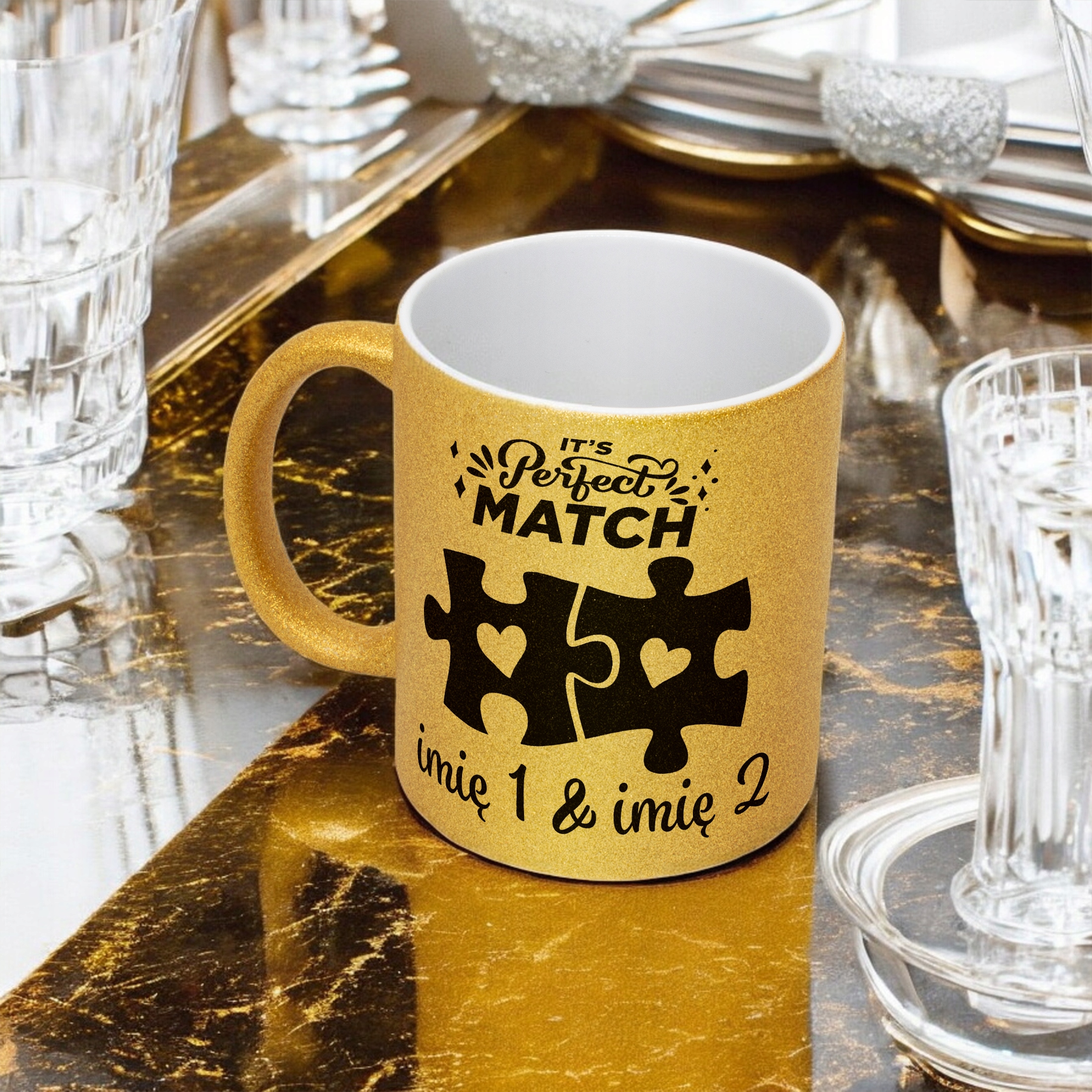 Złoty kubek brokatowy personalizowany Walentynki Prezent Upominek