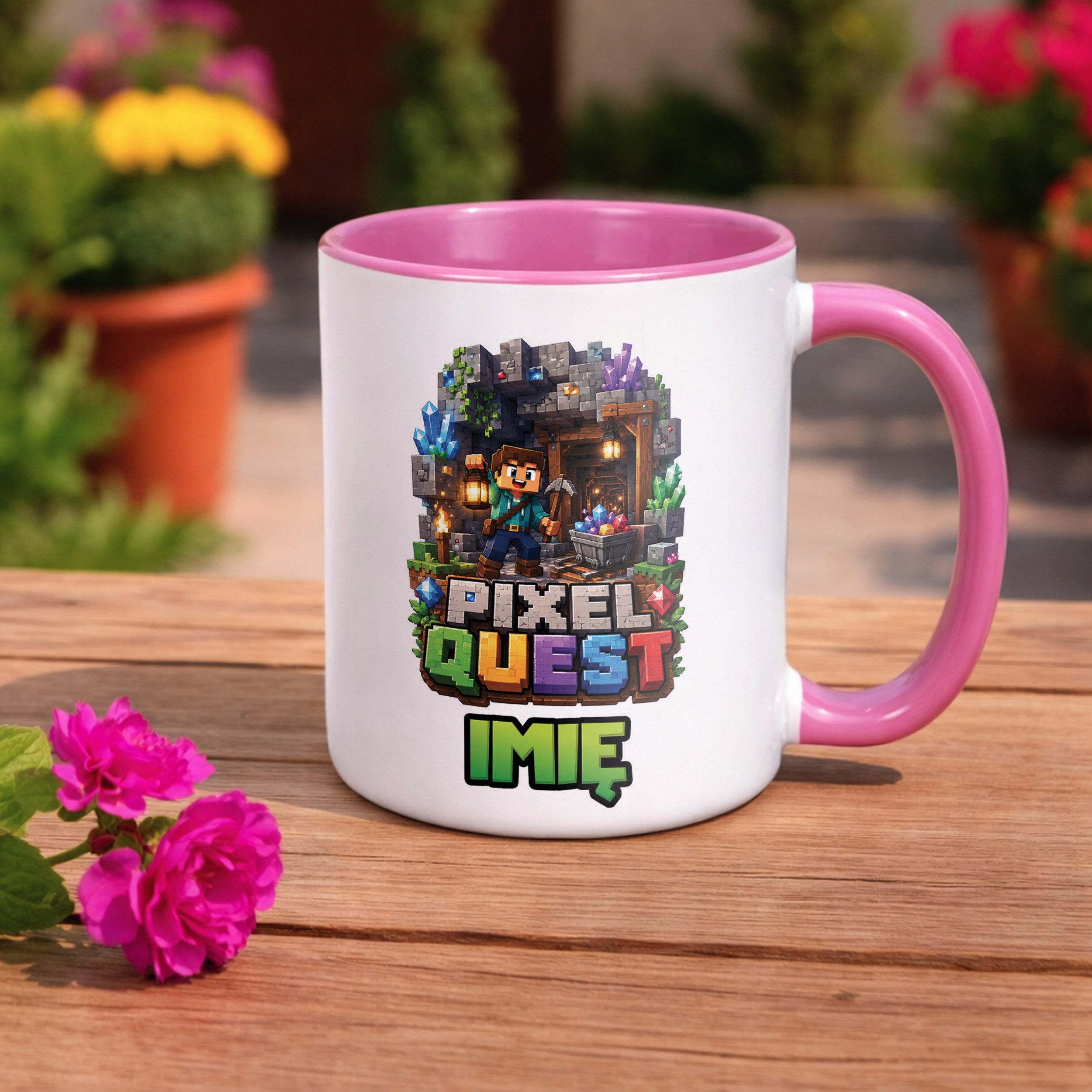 Zestaw Personalizowany Kubek Różowy Poduszka gra Pixel Quest Prezent