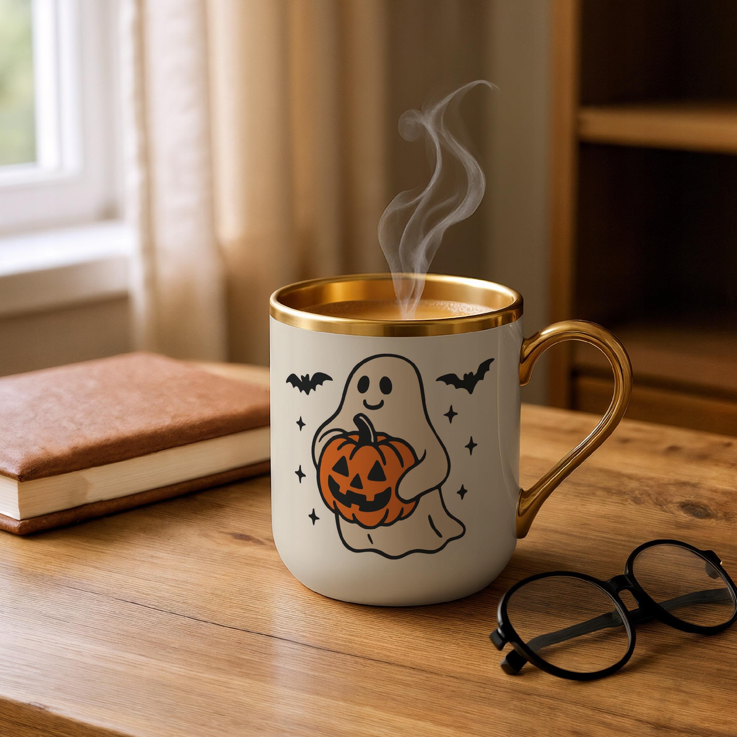 Kubek Premium Złoty Ecru Halloween Jesień Dynia Duch Prezent Upominek