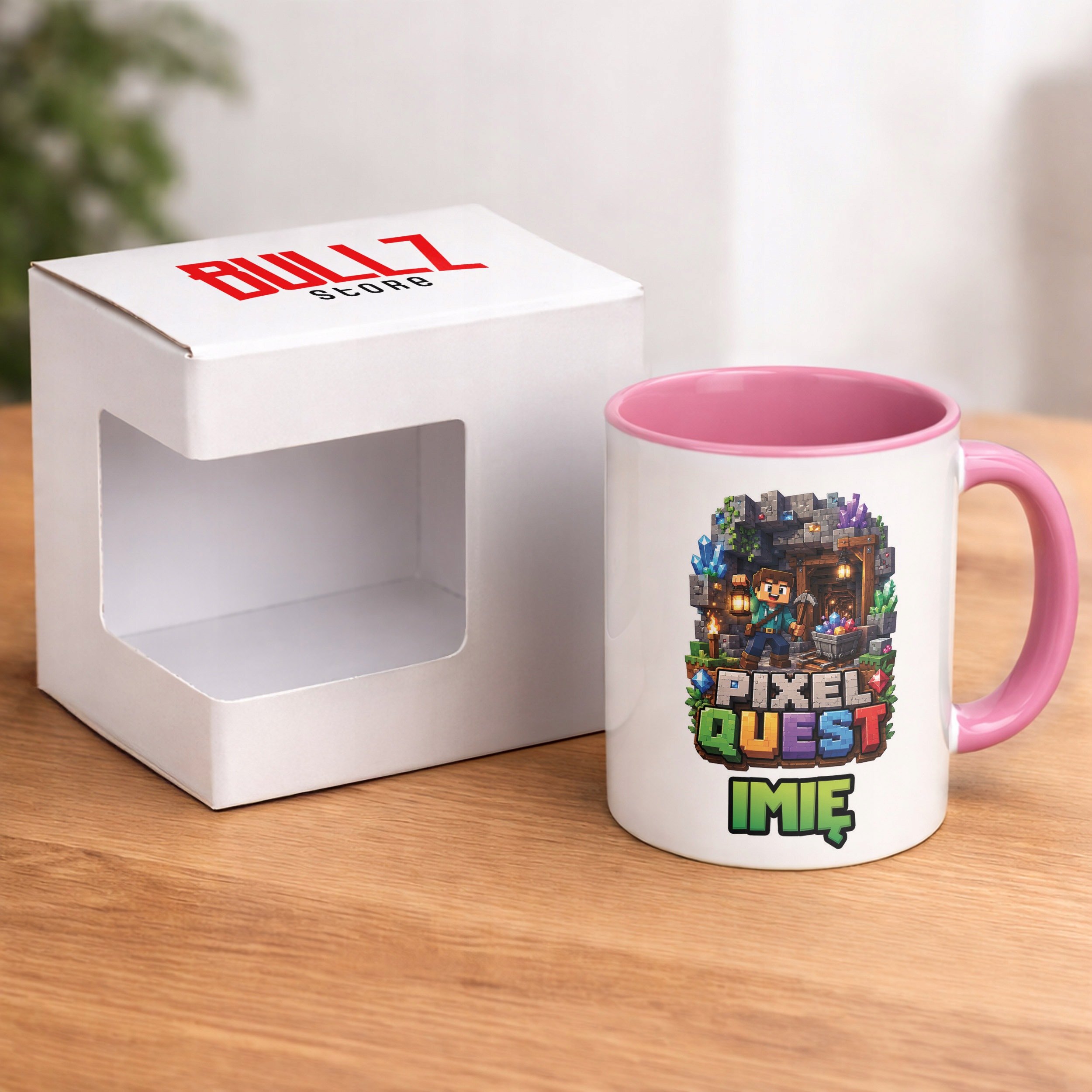 Zestaw Personalizowany Plecak Worek Kubek Różowy gra Pixel Quest Prezent