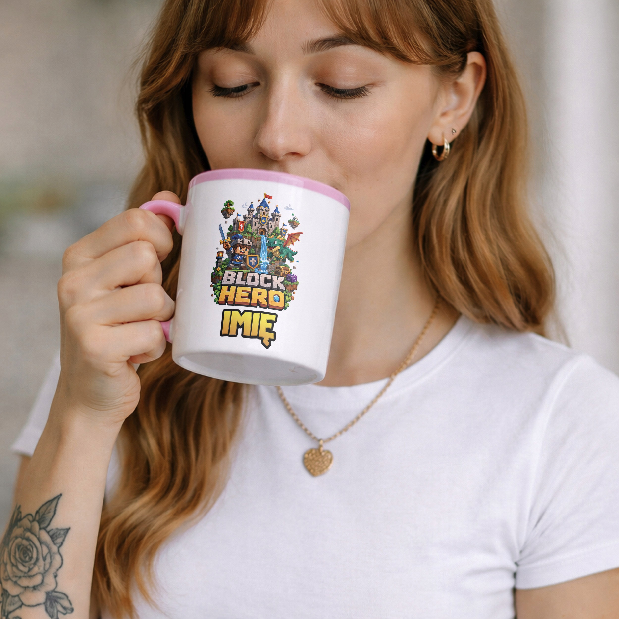 Zestaw Personalizowany Kubek Różowy Poduszka gra Block Hero Prezent