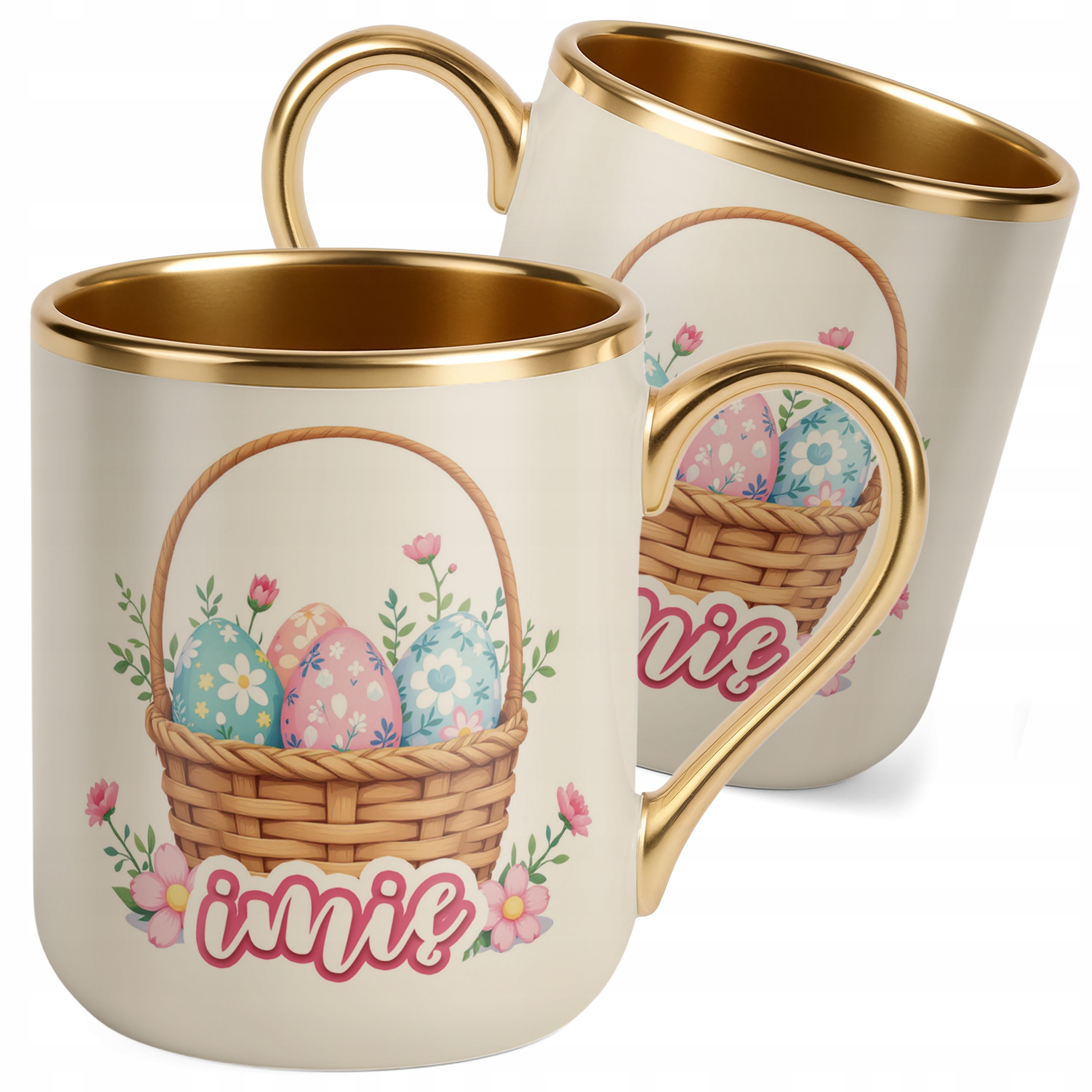 Kubek Premium Złoty Ecru Personalizowany Wielkanoc Prezent Koszyk Pisanki