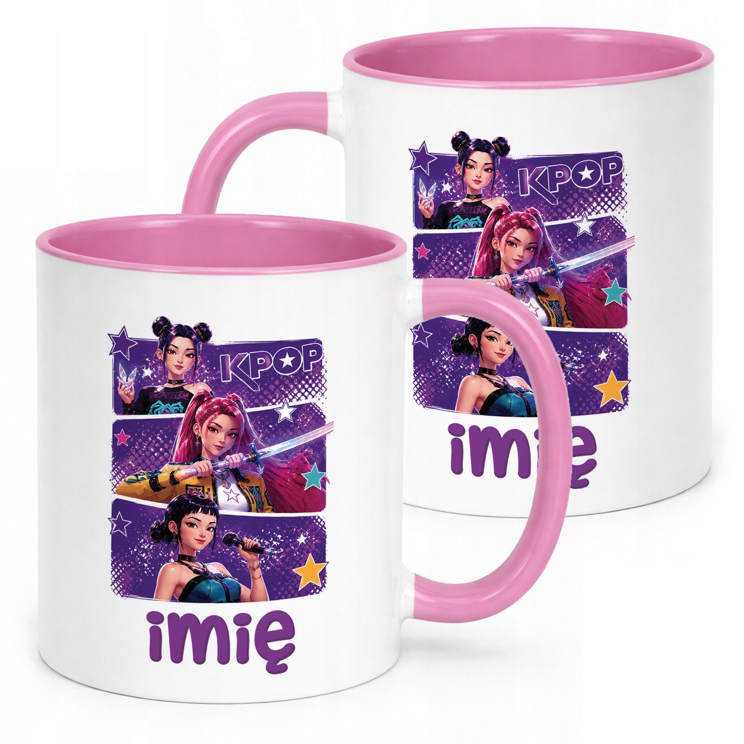 Kubek Różowy z nadrukiem personalizowany ŁOWCZYNIE KPOP Dla Dzieci Prezent