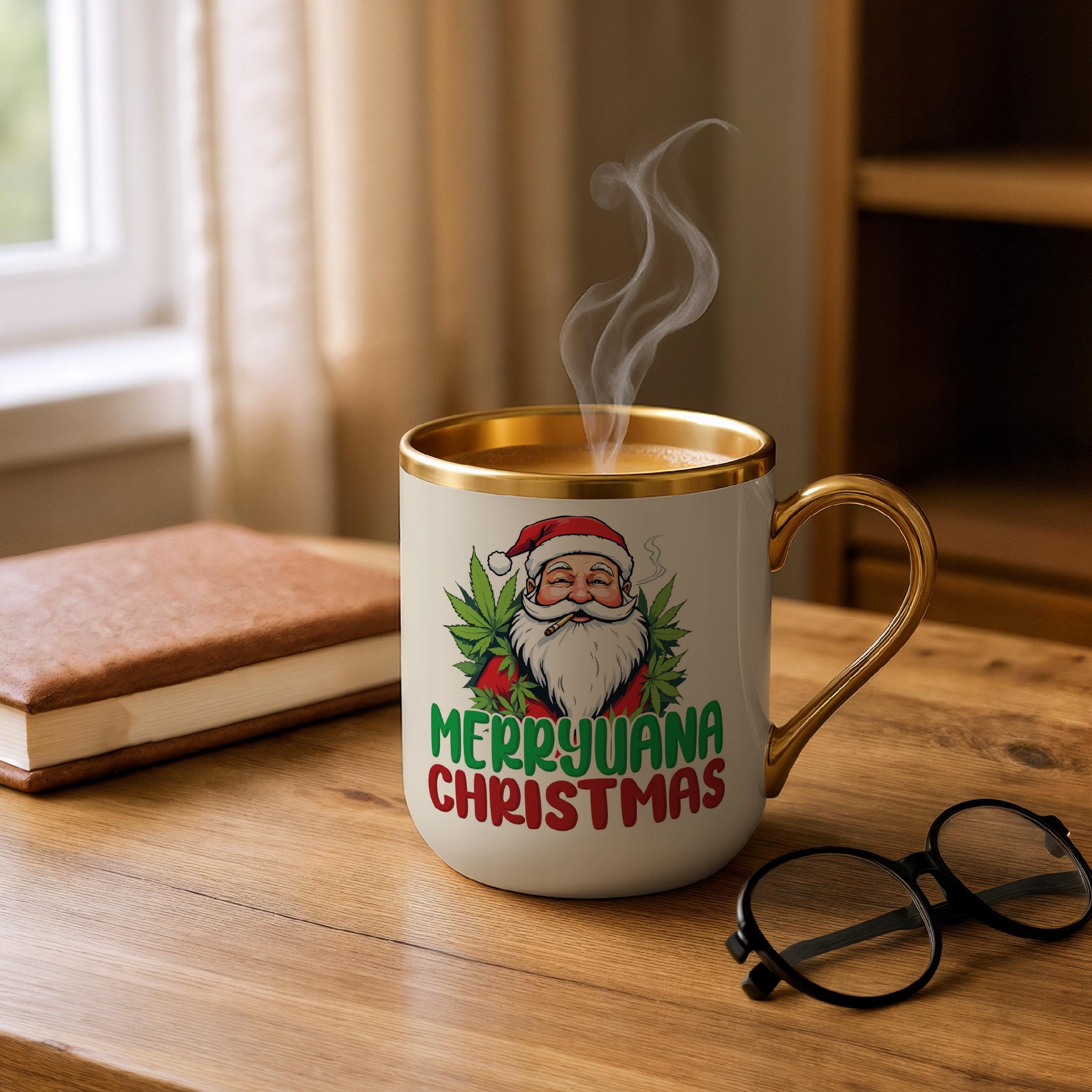 Kubek Premium Złoty Ecru Merryuana Christmas Boże Narodzenie Zabawny