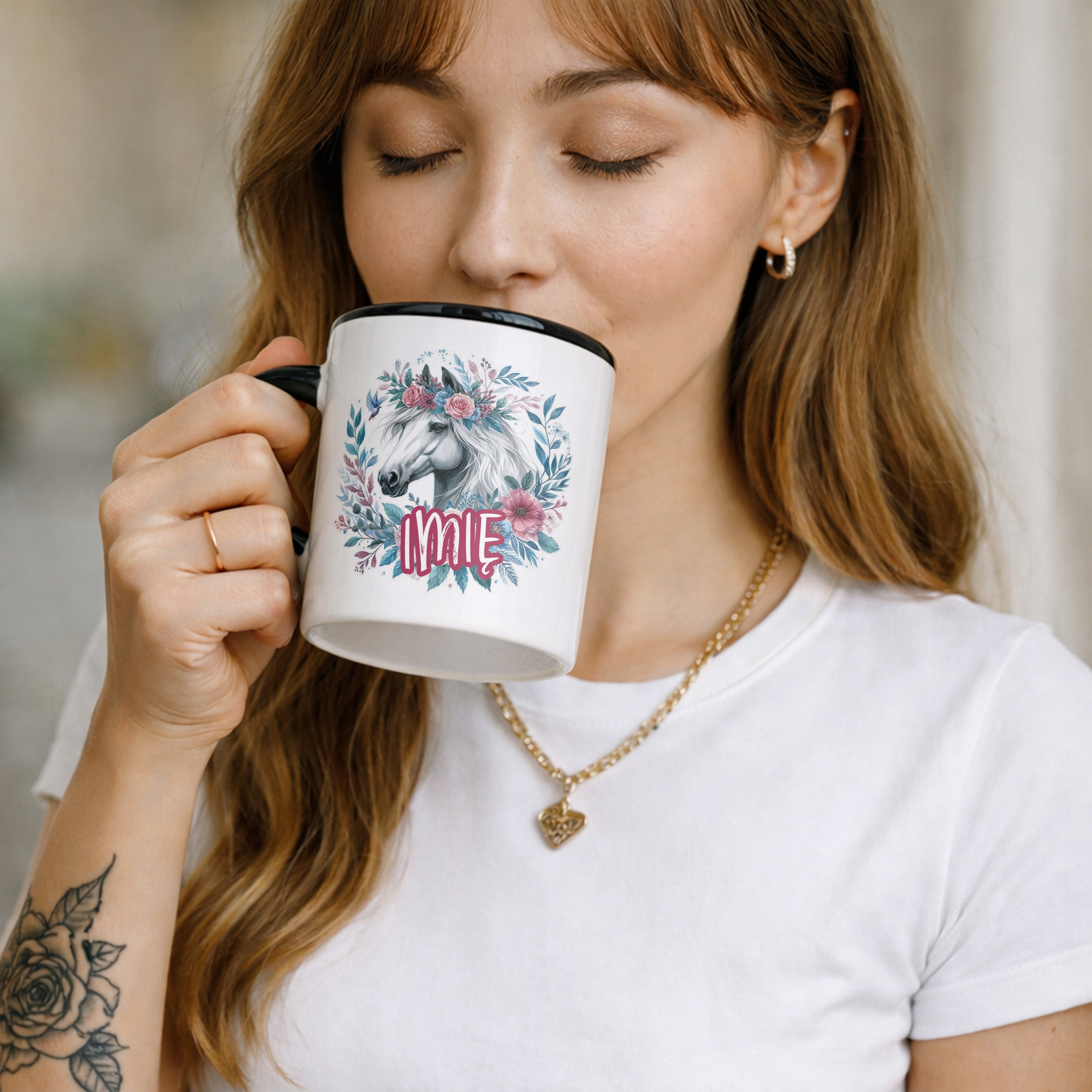 Kubek Czarny Personalizowany Z Koniem Koń Słodki Dla Dzieci Prezent