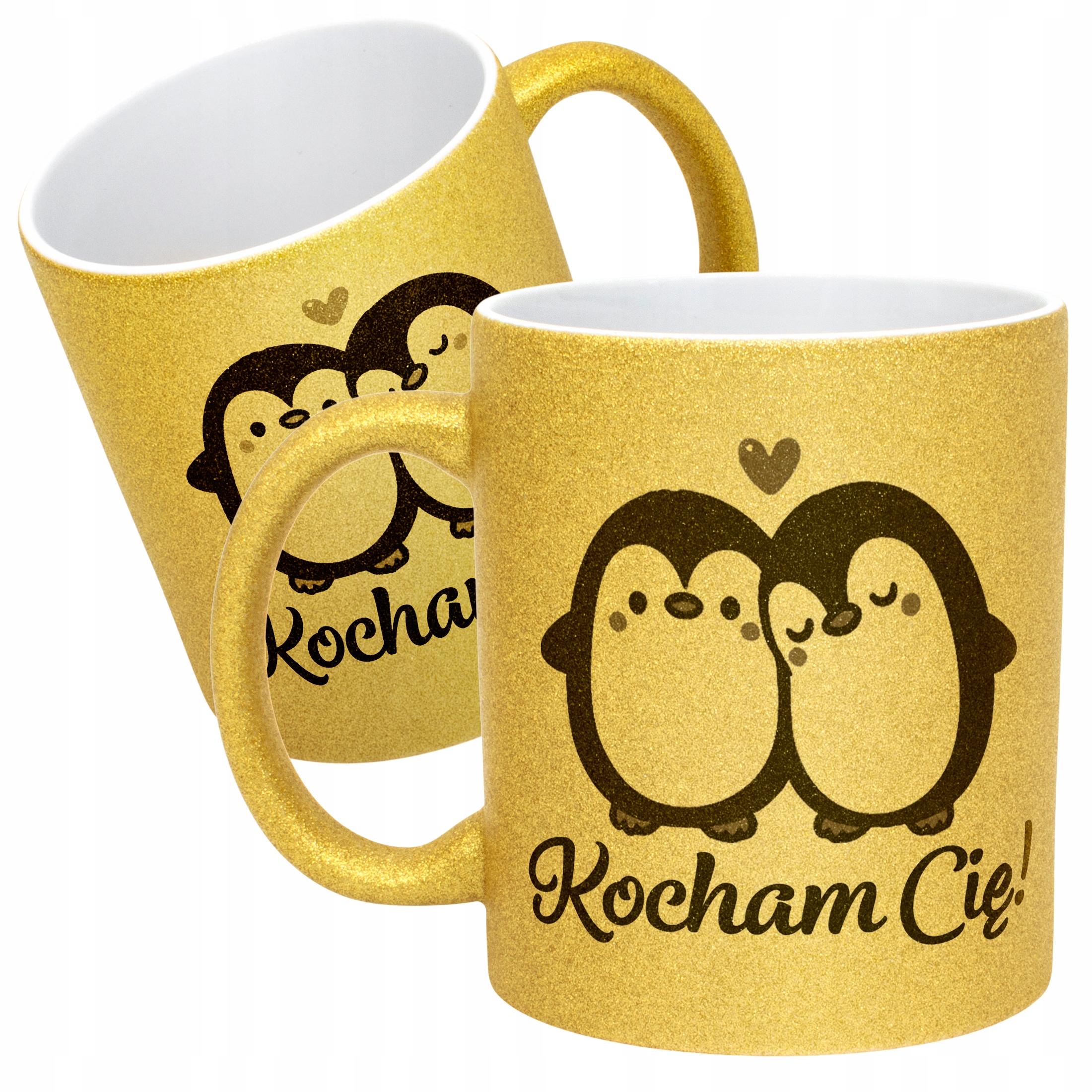 Złoty kubek brokatowy Walentynki Kocham Cię Pingwiny Prezent