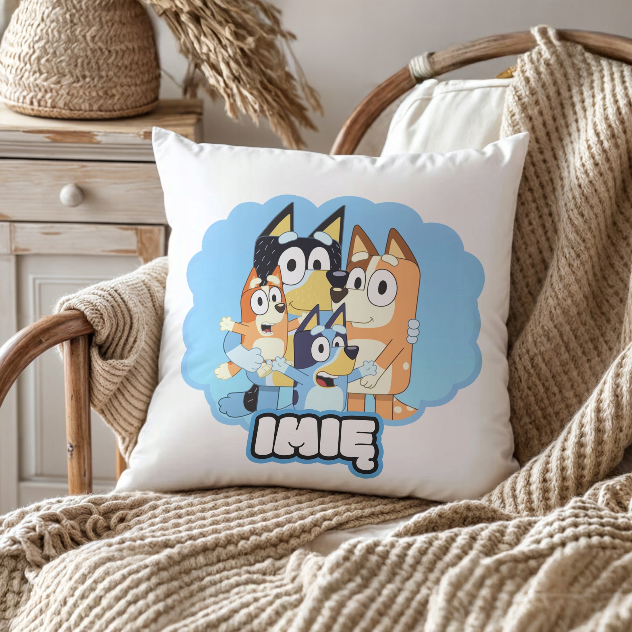Zestaw Personalizowany Kubek + Poduszka 38×38 cm Dla Fanów Bajki Bluey