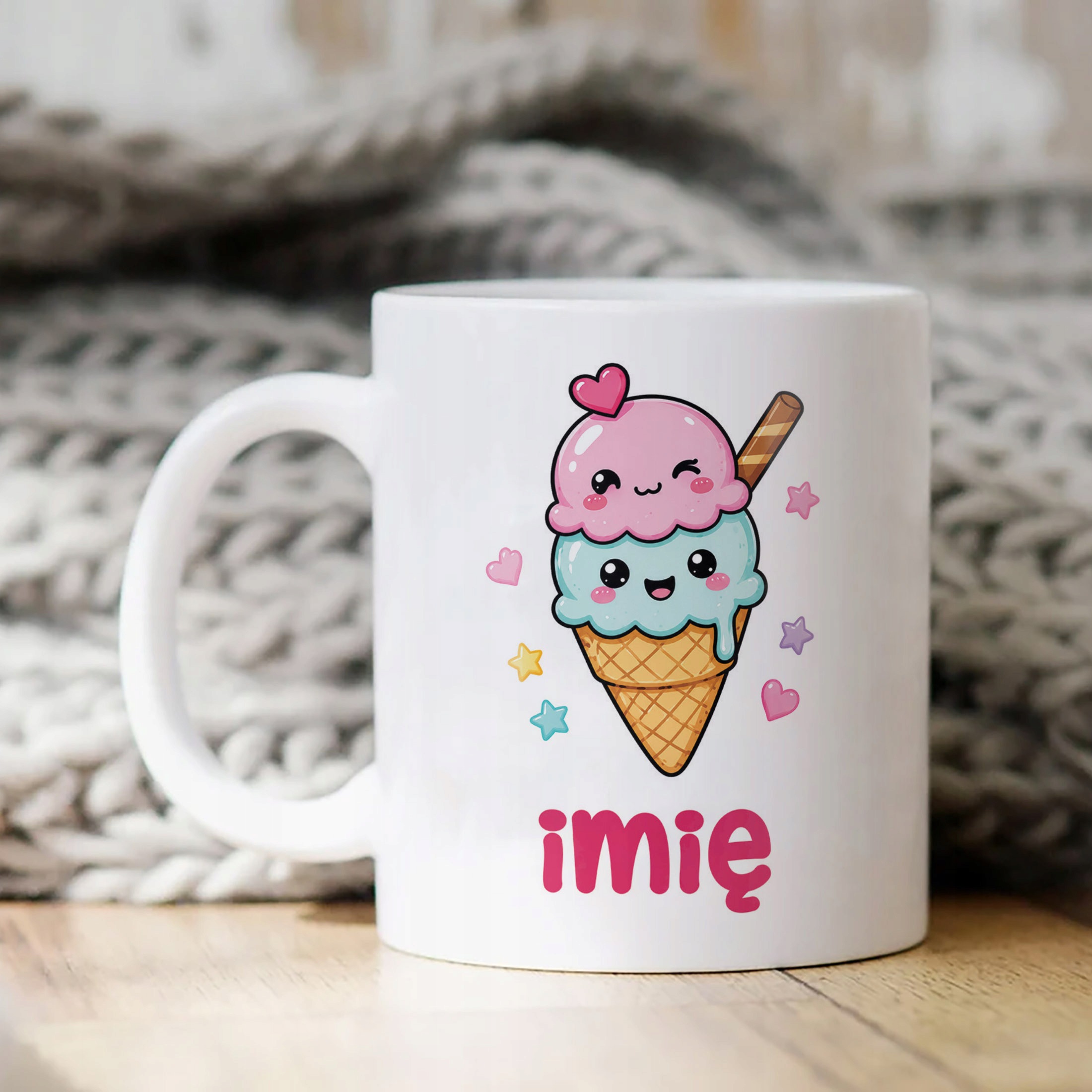 Biały Kubek z nadrukiem personalizowany Kawaii Lody Dla Dzieci Prezent