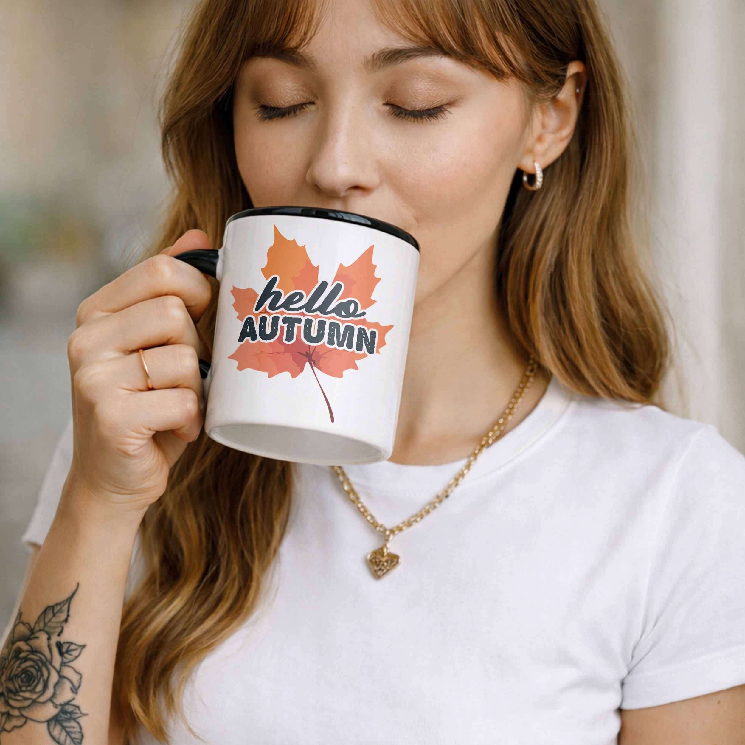 Kubek Czarny Jesienny Jesień Hello Autumn Liść Prezent