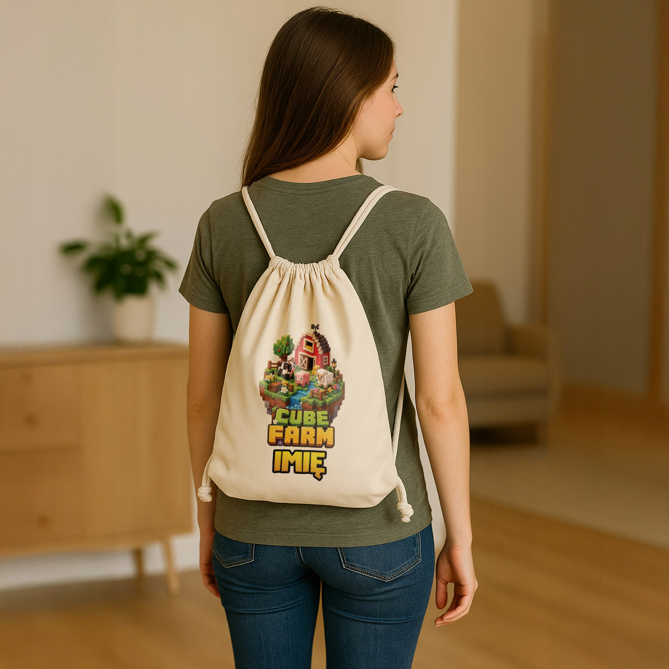 Plecak Worek Personalizowany Gra Pixel z Nadrukiem Bawełniany Szkolny