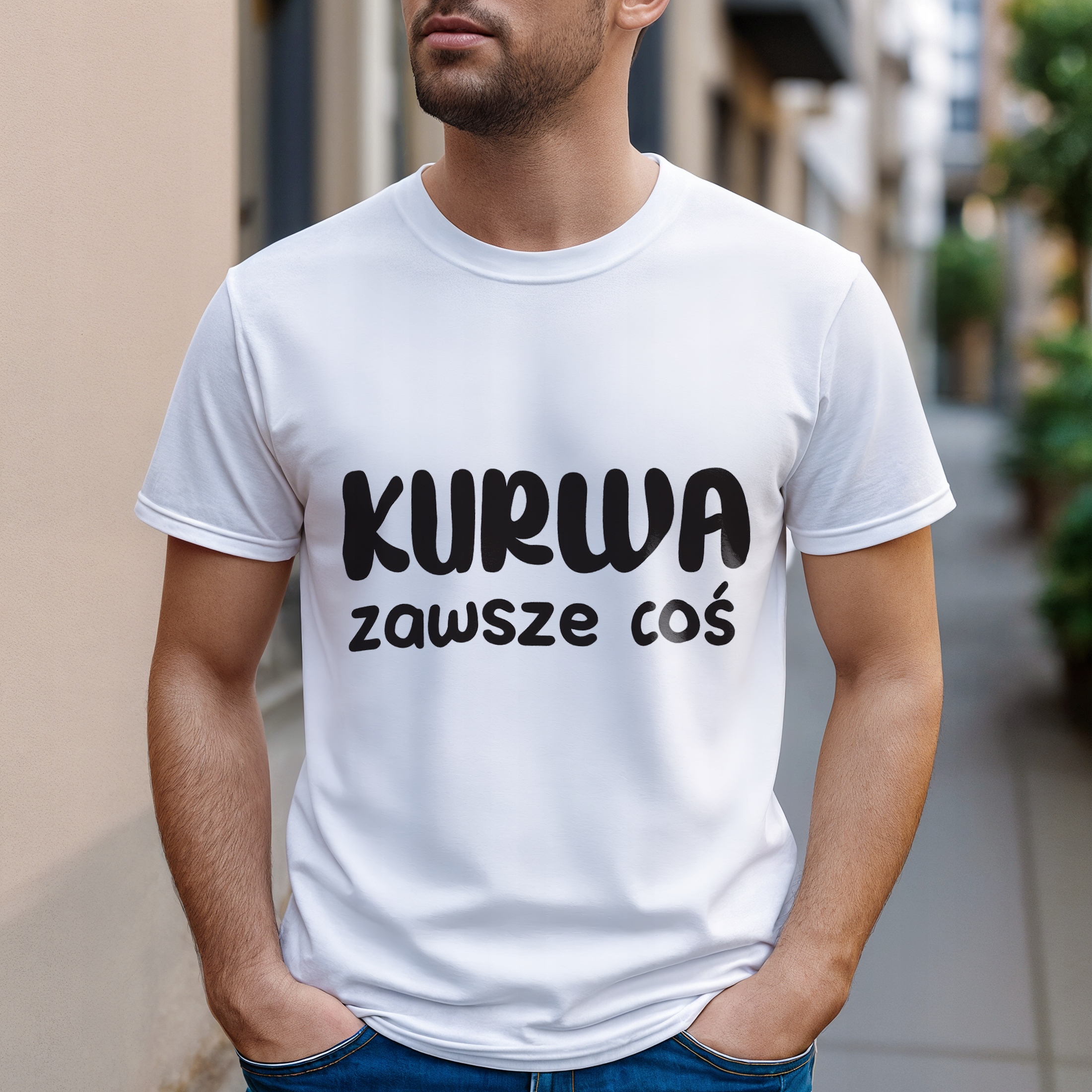 Koszulka biała męska Ku*wa Zawsze Coś Zabawny Prezent