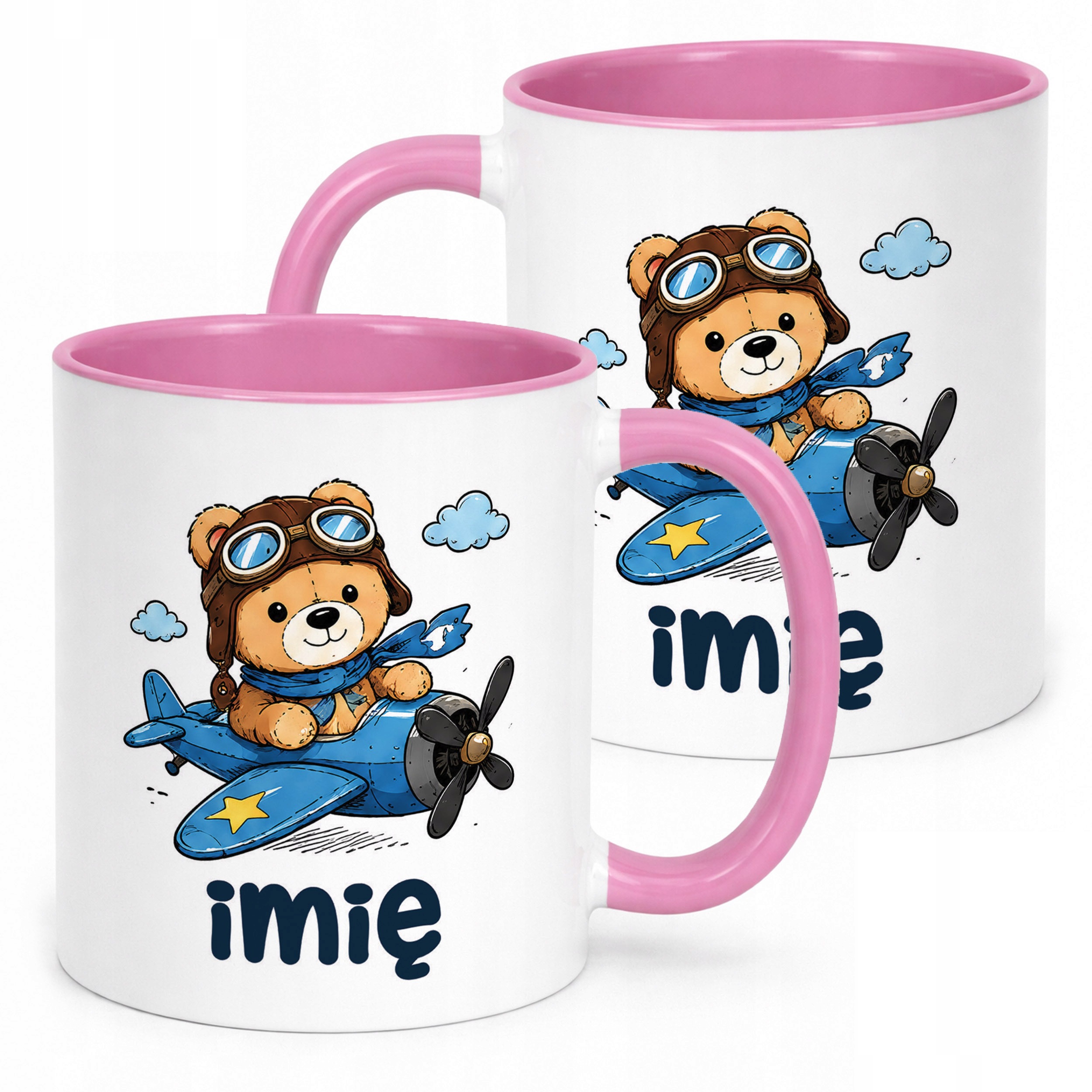 Kubek Różowy z nadrukiem personalizowany Uroczy Miś Pilot Dla Dzieci