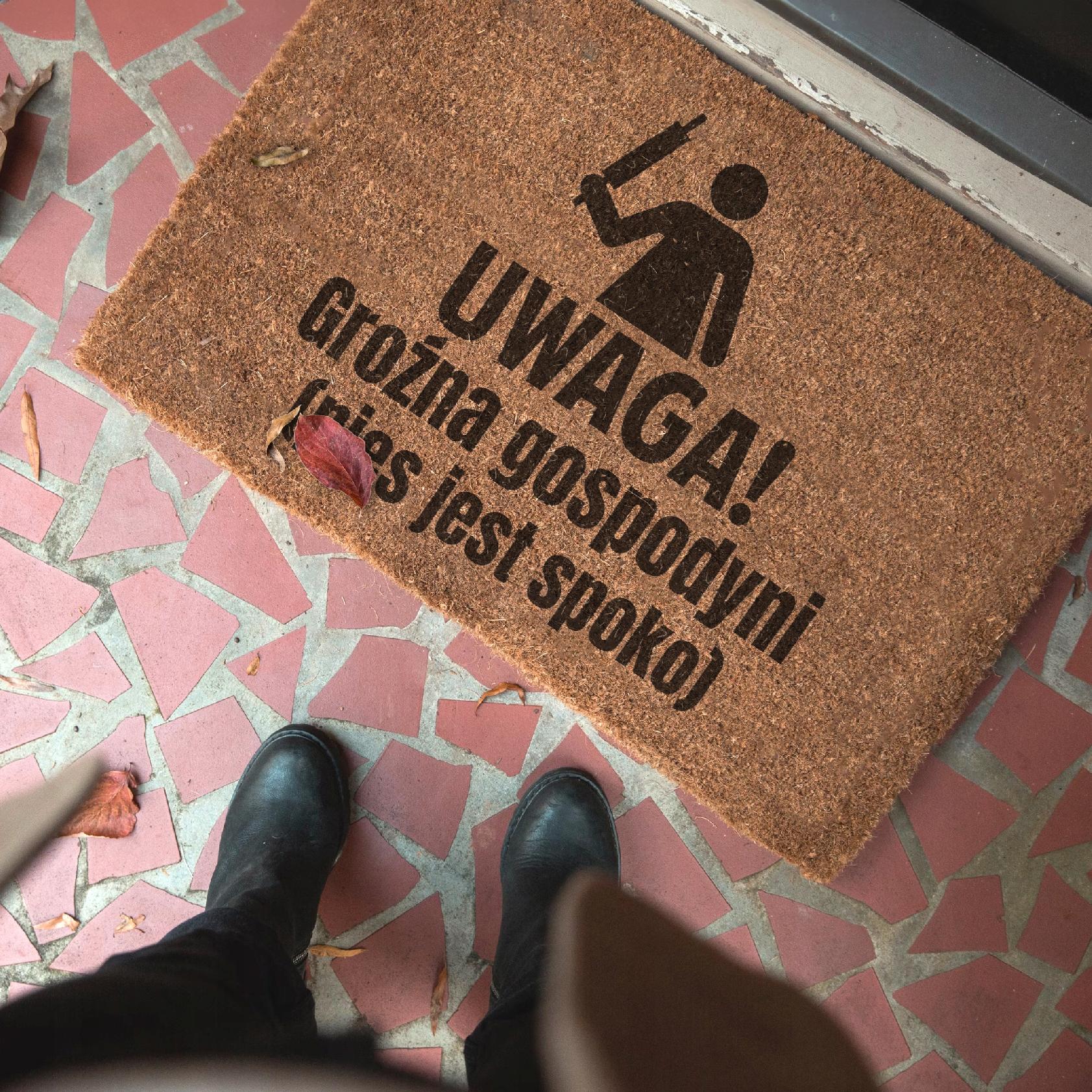 Wycieraczka UWAGA groźna gospodyni pies jest spoko pod drzwi kokosowa 60×40