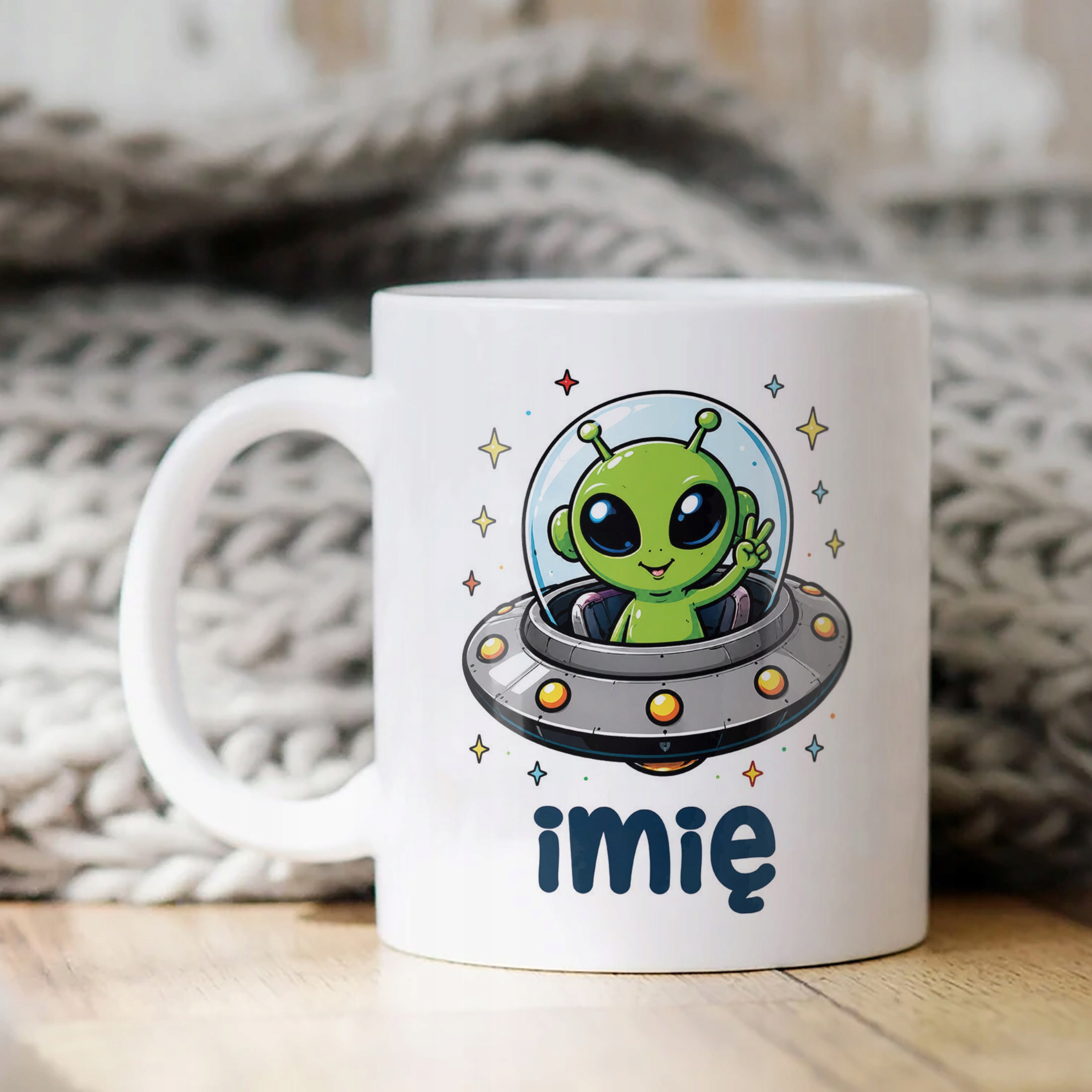 Biały Kubek z nadrukiem personalizowany Kosmita UFO Dla Dzieci Prezent