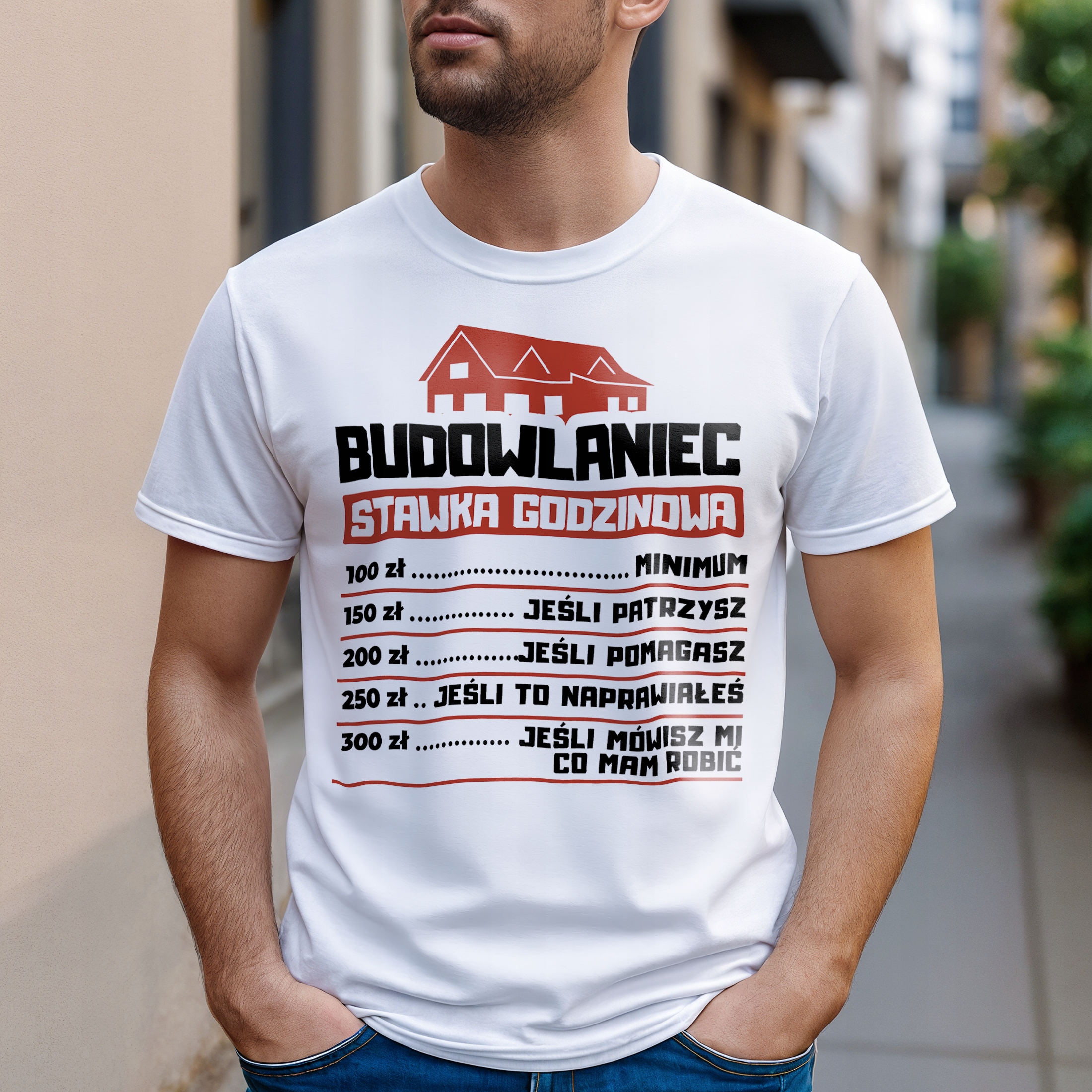 Koszulka biała męska Budowlaniec Stawka Godzinowa Prezent