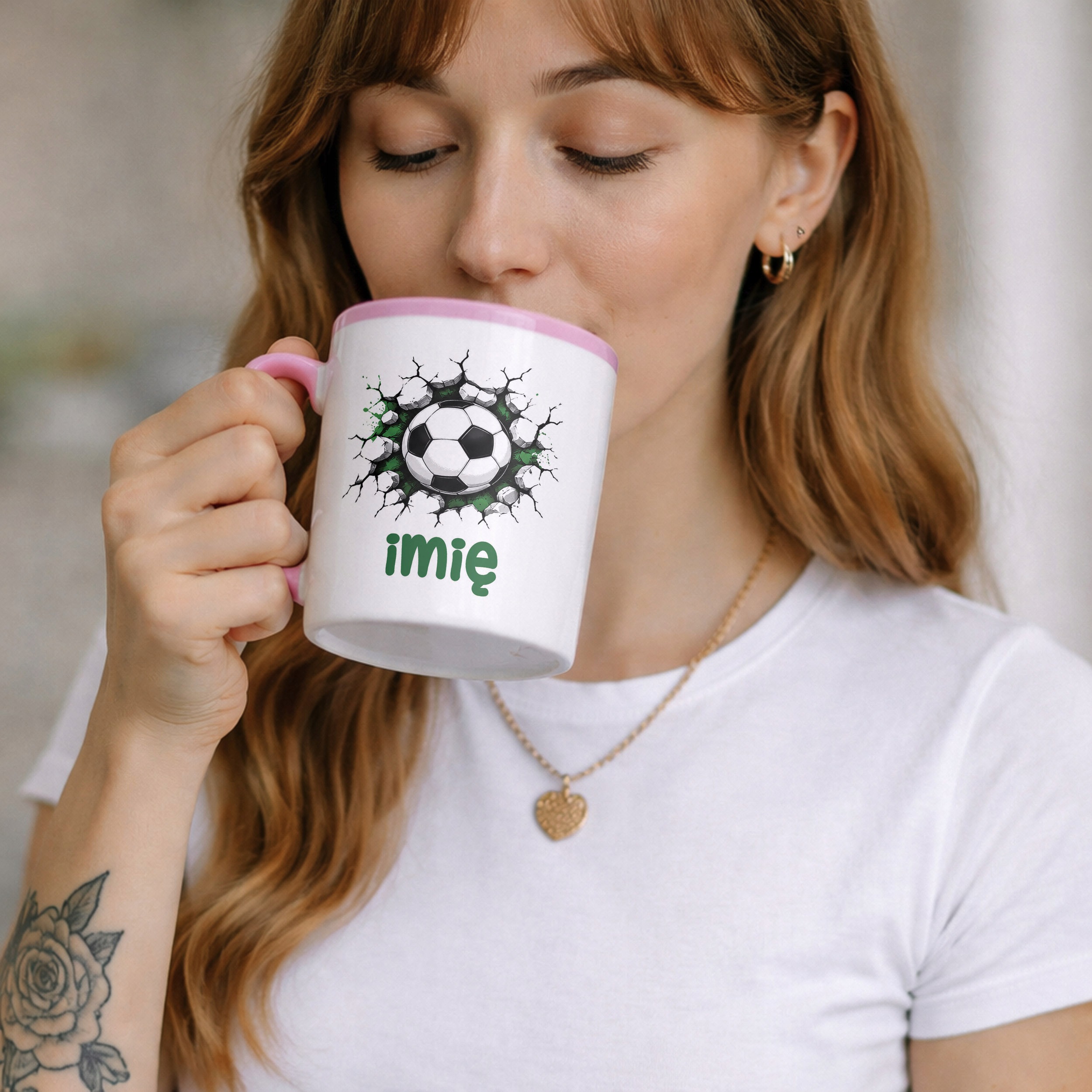 Zestaw Personalizowany Kubek Różowy Poduszka Piłka nożna Prezent