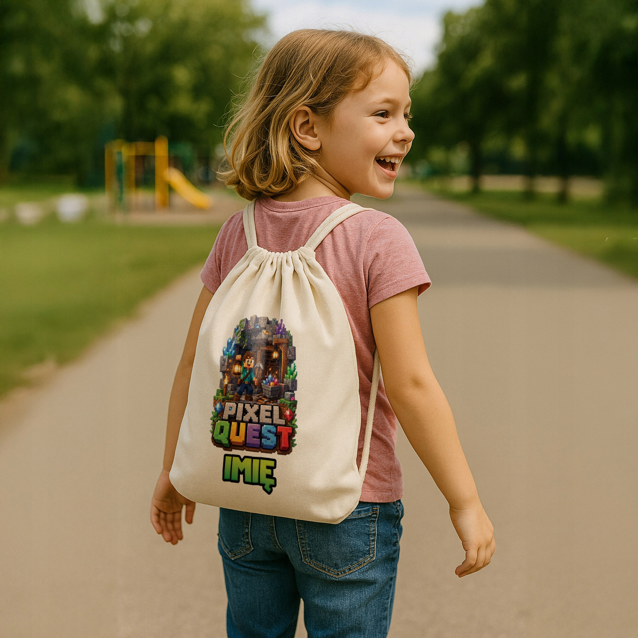 Zestaw Personalizowany Plecak Worek Kubek Różowy gra Pixel Quest Prezent