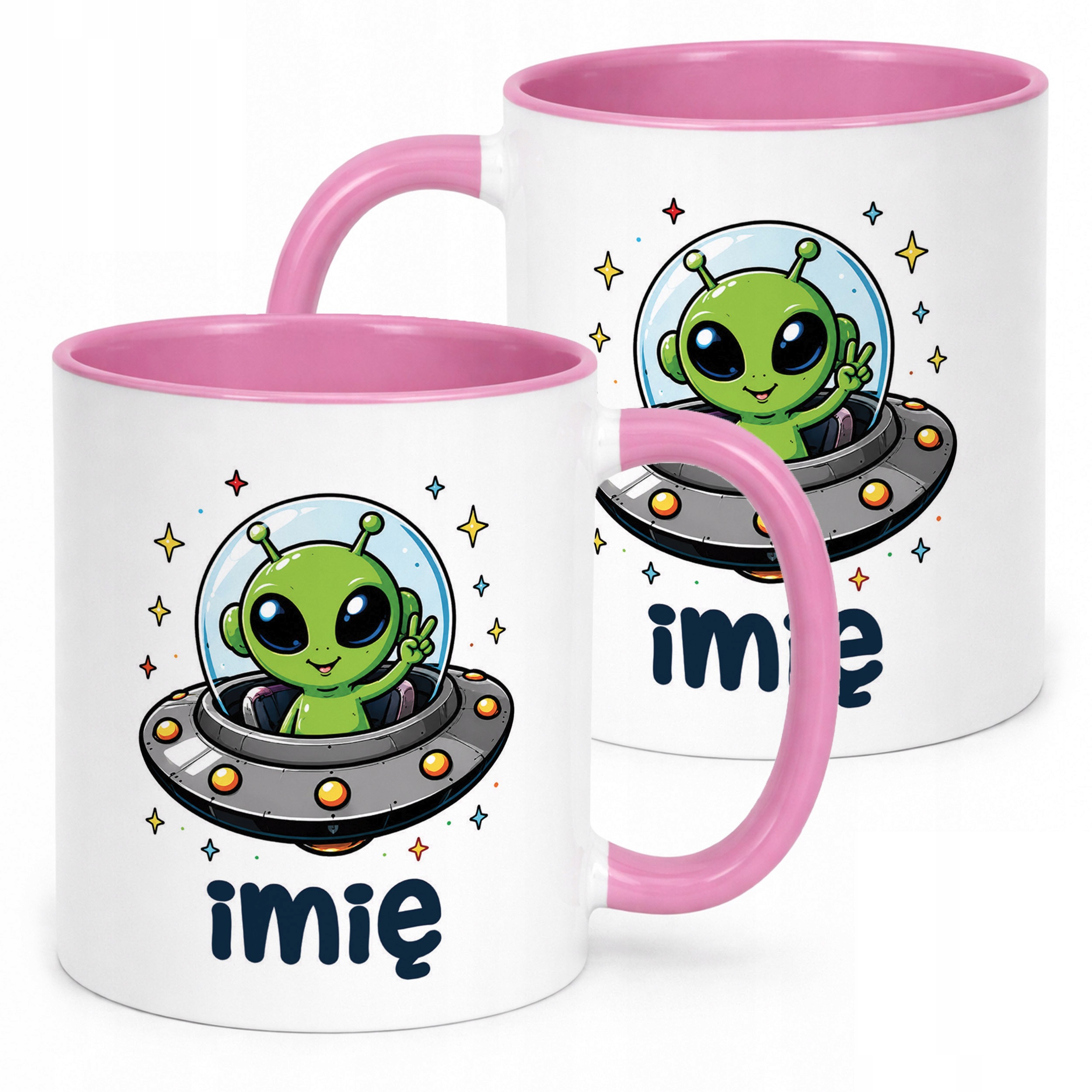 Kubek Różowy z nadrukiem personalizowany Kosmita UFO Dla Dzieci Prezent