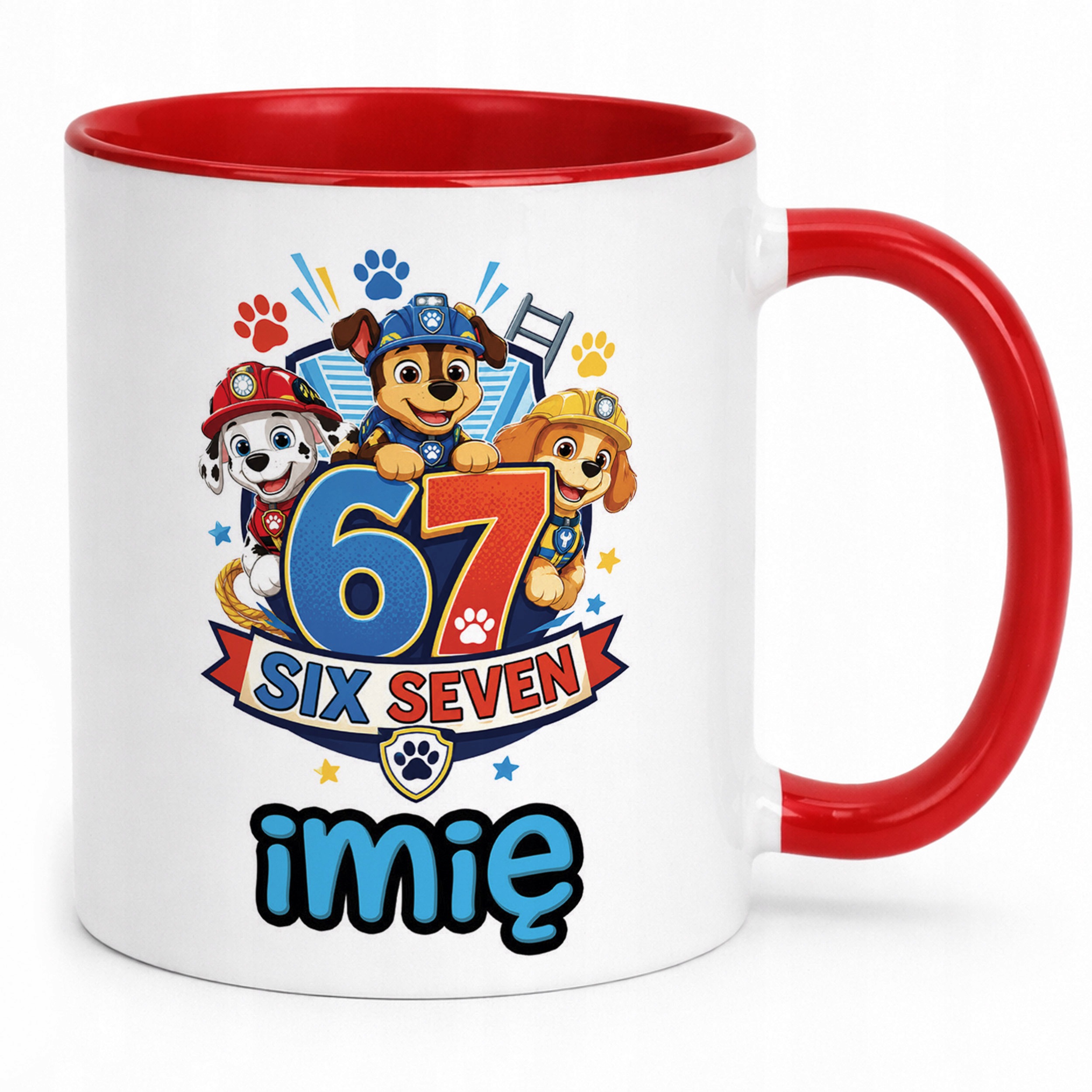 Zestaw Personalizowany Kubek Czerwony Poduszka Pies 67 Six Seven