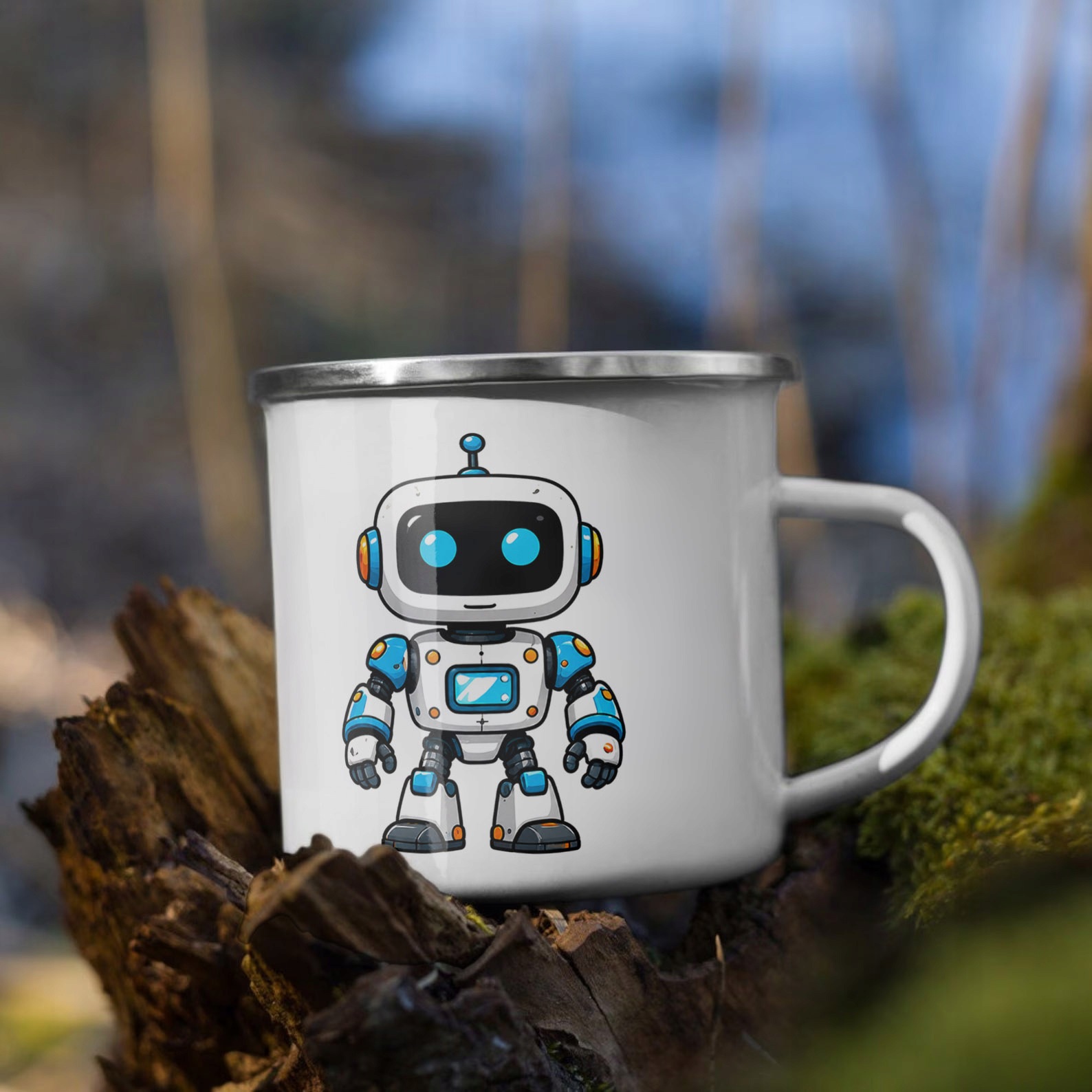 Kubek Emaliowany Robot z Nadrukiem Biały Metalowy Prezent