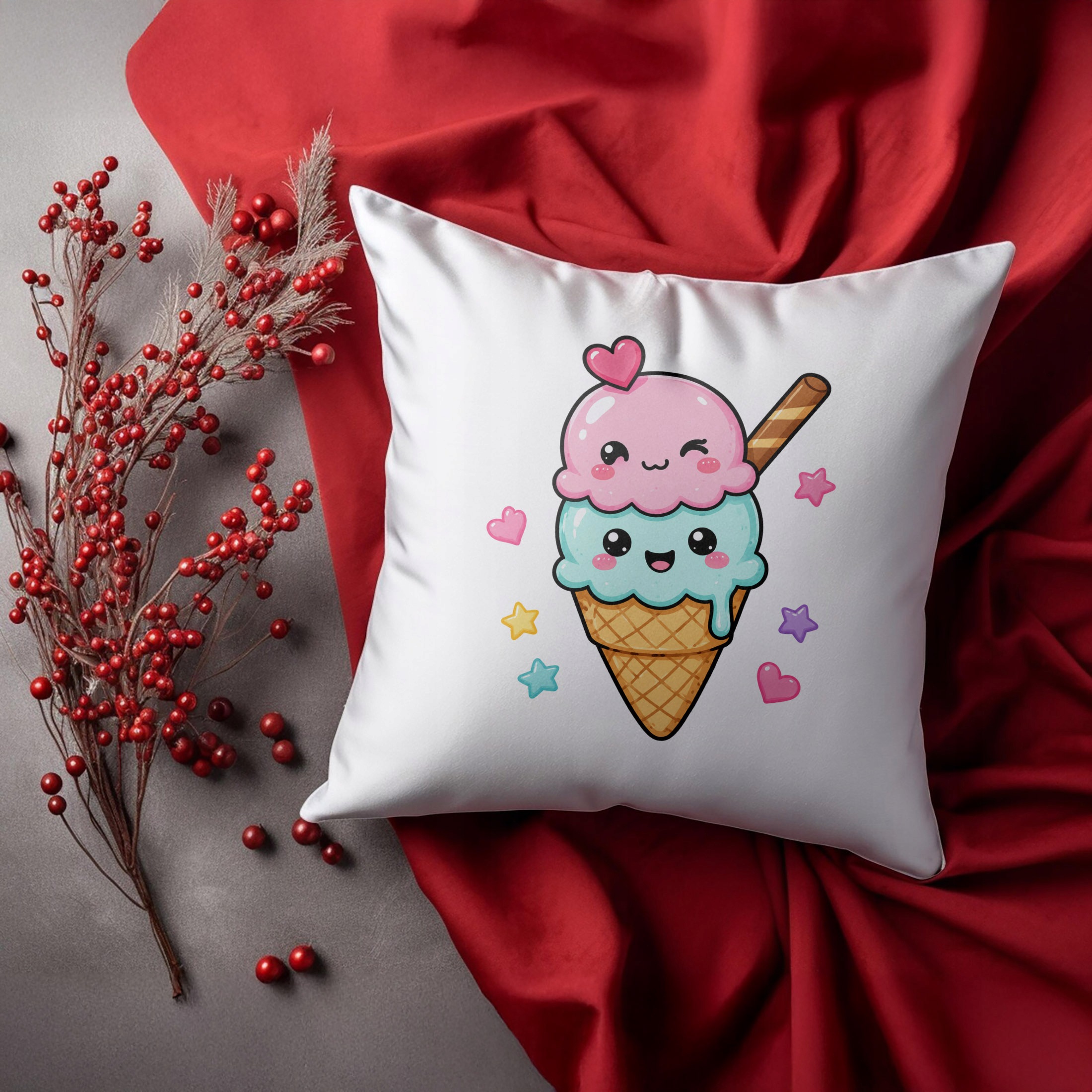 Zestaw Kubek Czarny Poduszka Z Nadrukiem Kawaii Lody Prezent