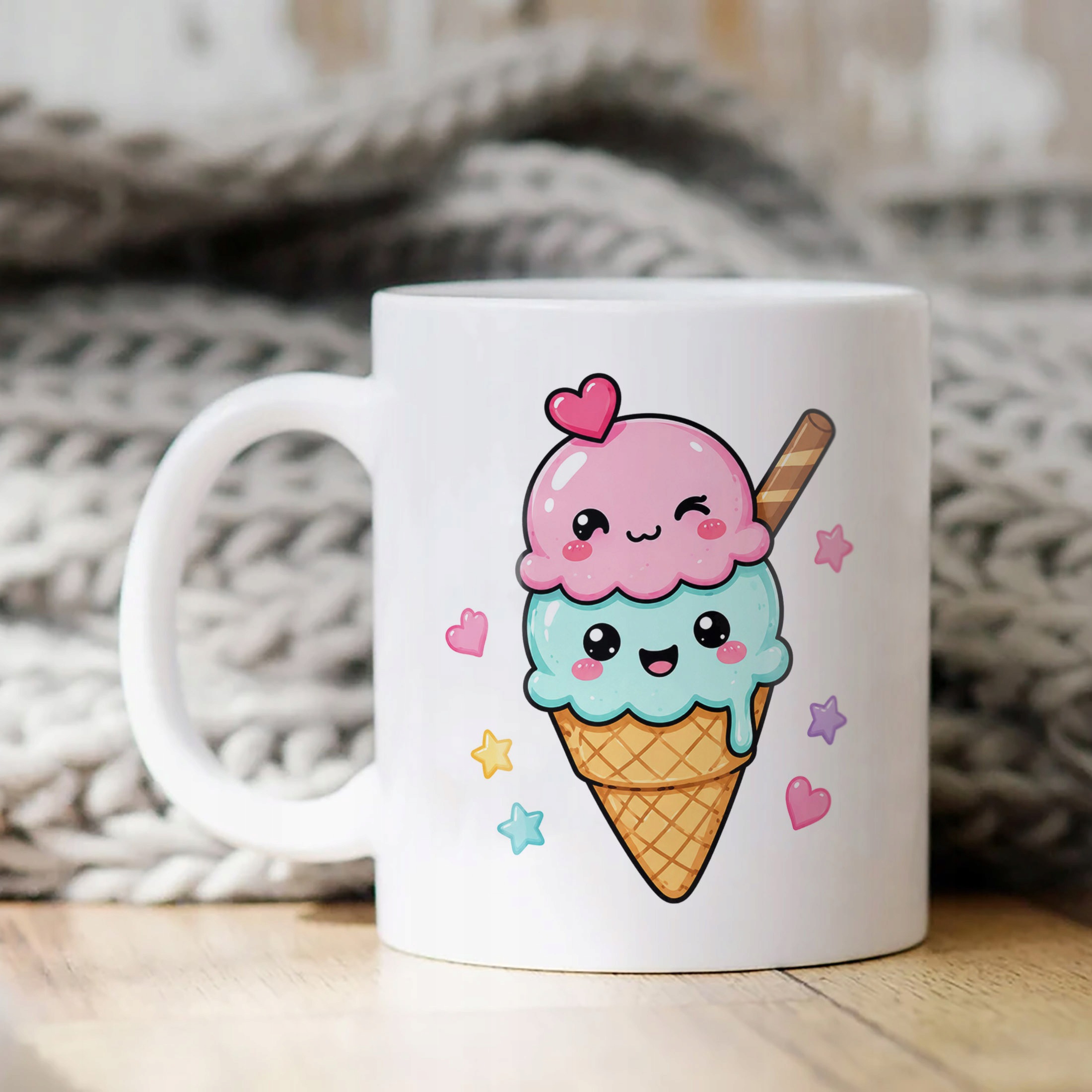 Biały Kubek z nadrukiem Kawaii Lody Dla Dzieci Prezent Upominek