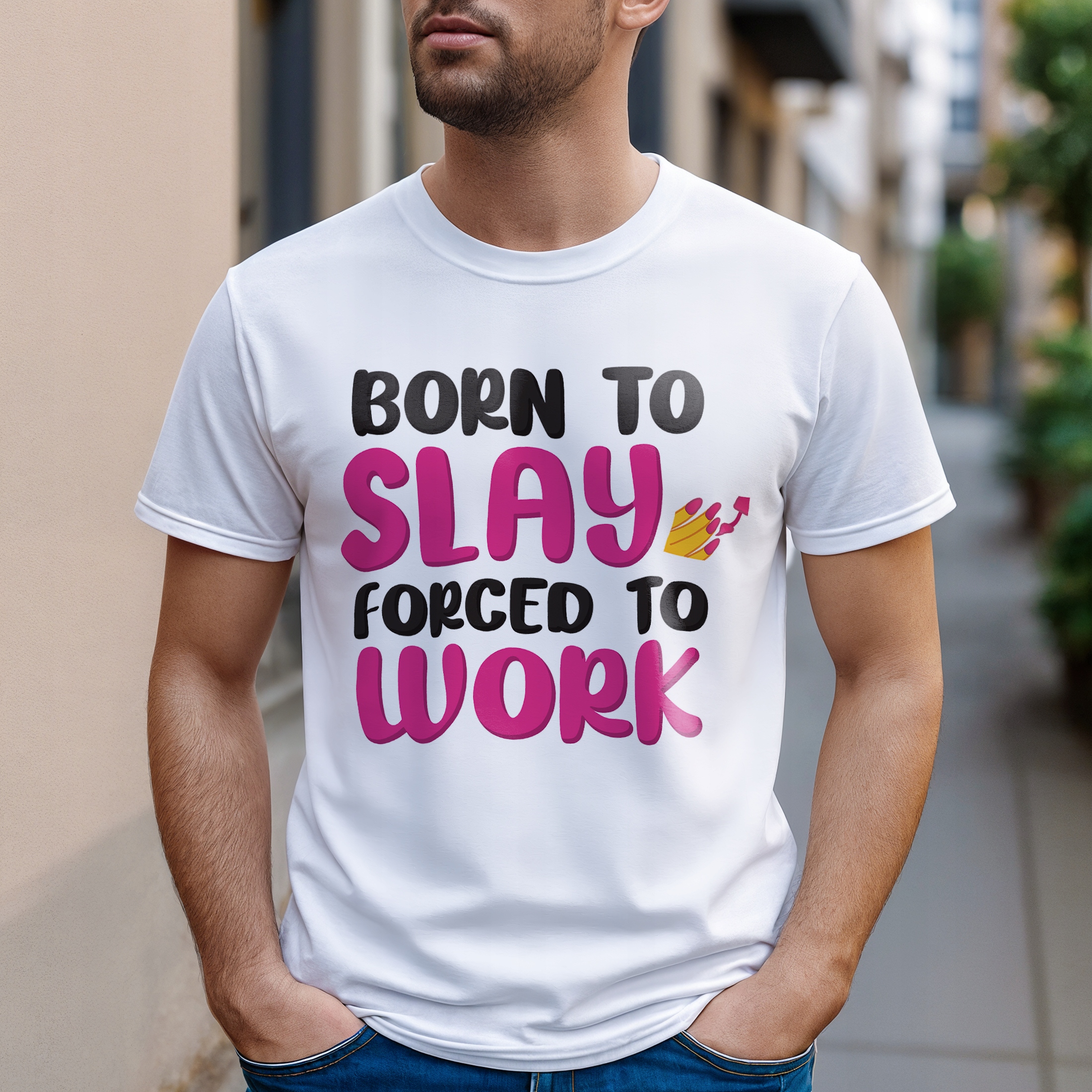 Koszulka biała męska Born To Slay Forced To Work Zabawny Prezent r. 3XL