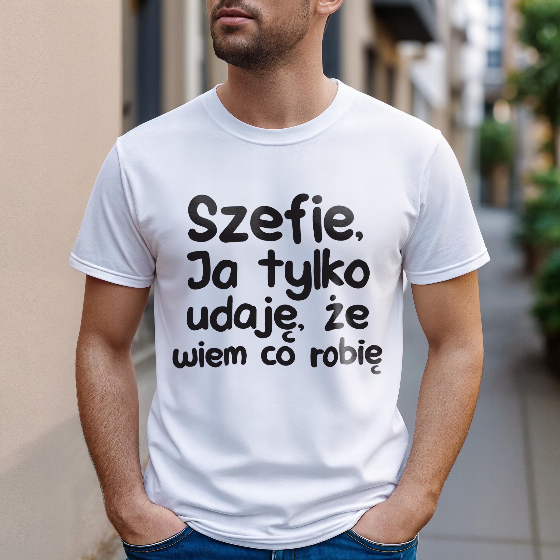 Koszulka biała męska Szefie Ja Tylko Udaję Że Wiem Zabawny Prezent