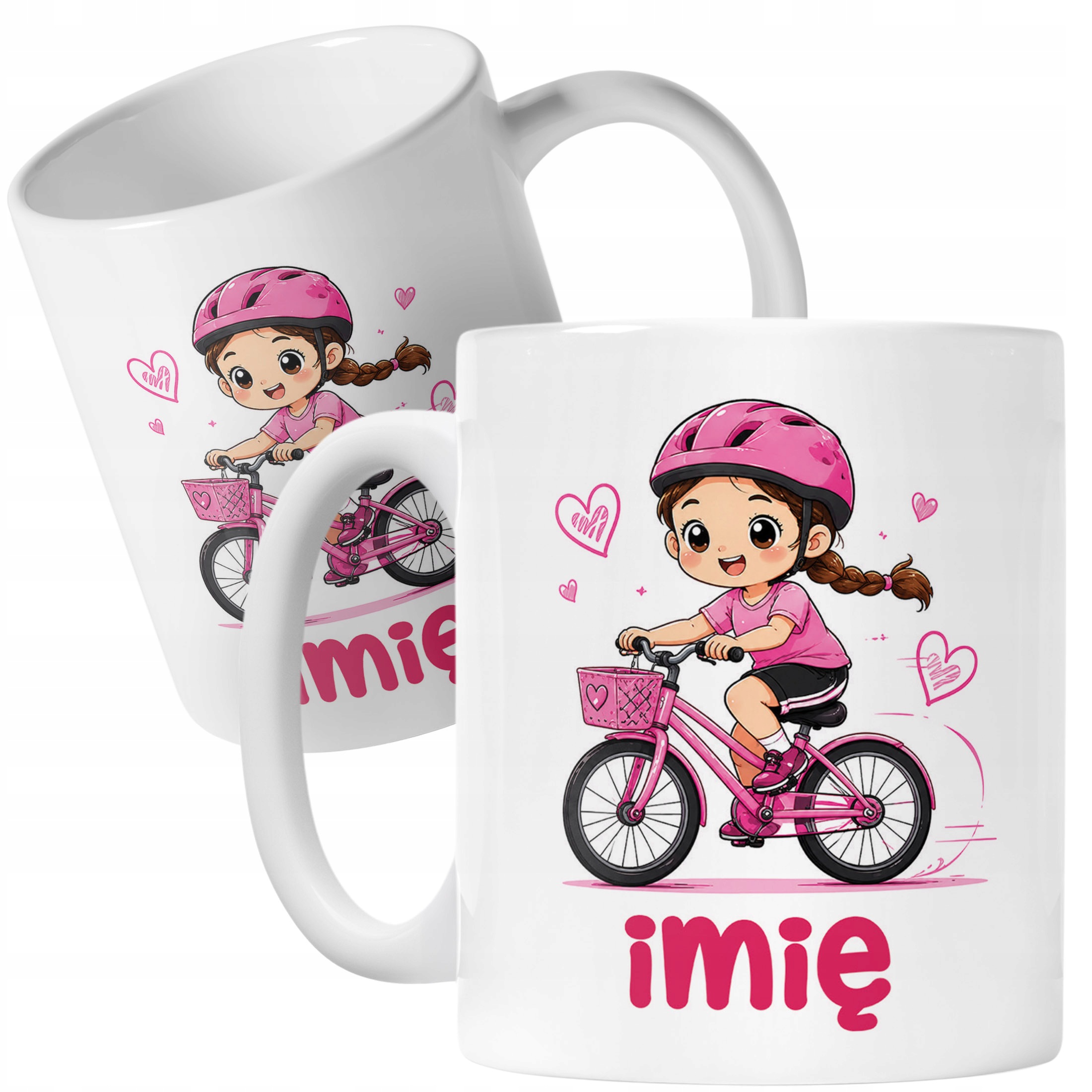 Biały Kubek z nadrukiem personalizowany Rower Dziewczynka Dla Dzieci