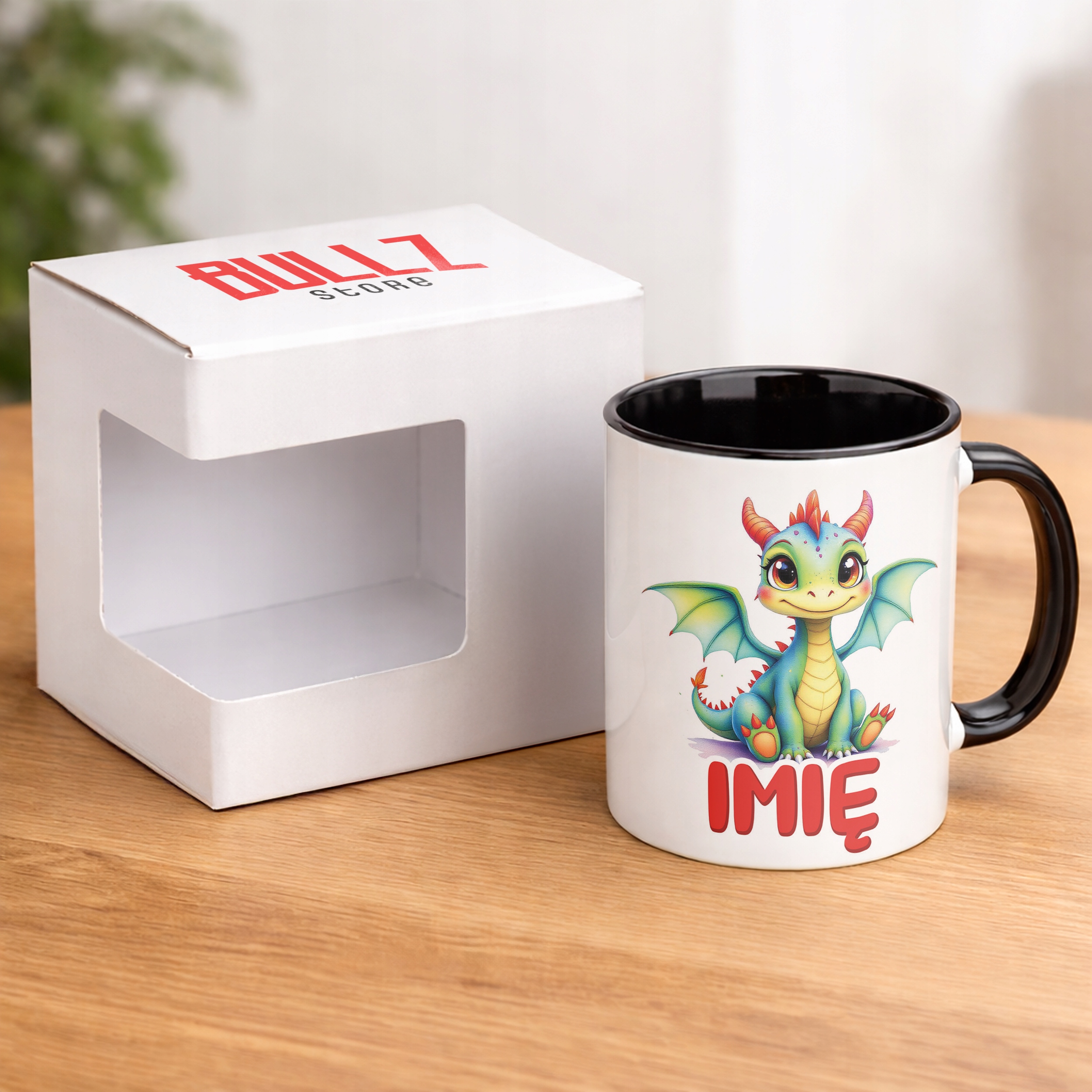 Kubek Czarny Personalizowany Smok Zwierzak Słodki Dla Dzieci